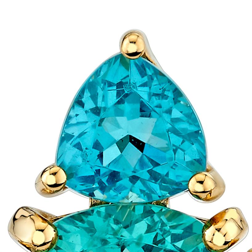 Anemoi Studs designed in a geometric trefoil shape each earring is composed of 4 trillion-cut Apatite stones. Inspired by the gods of the 4 winds. Apatite glimmers with ocean colors, a breath of fresh air, each earring incorporates soft sky blues