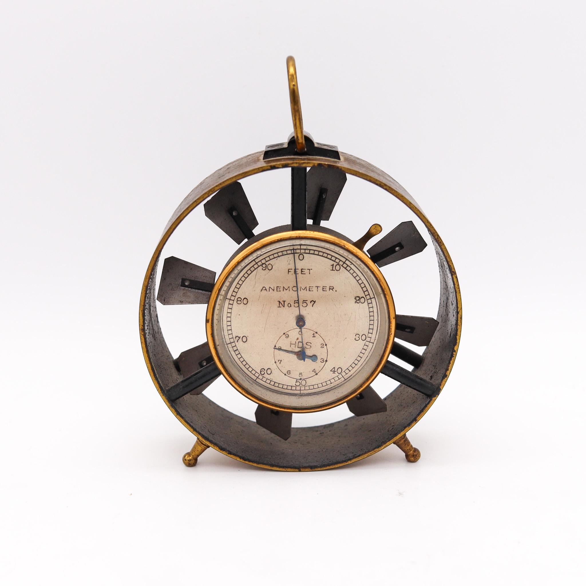Mechanical desk anemometer in brass.

Very interesting scientific coal mining anemometer, made up back in the 1950's with brass and blackened steel parts. The dial is silvered with black arabic numerals and steel hands. Inscribed FEET ANEMOMETER