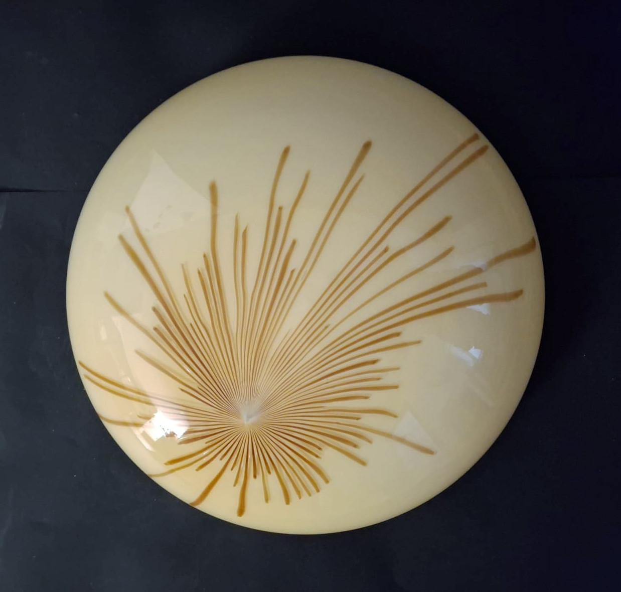 Vintage Italian flush mount with a hand blown cream Murano glass shade and brown stripes / Designed by Ludovico Diaz de Santillana for Venini / Made in Italy circa 1960s
Measures: diameter 18 inches, height 5.5 inches
2 lights / E26 or E27 type /