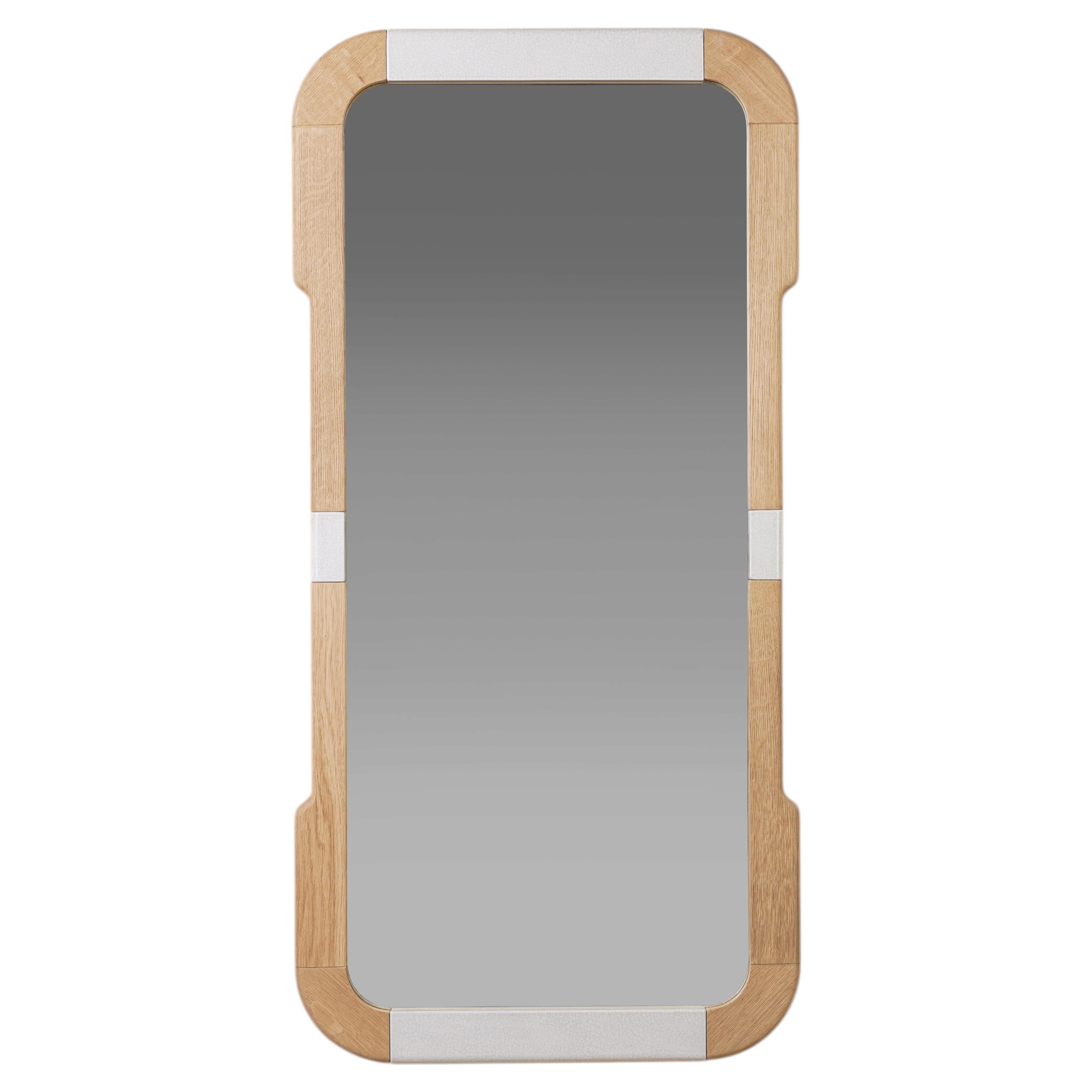 Anemos Wall Mirror in Solid Oak with Ceramic Raku by Pendhapa