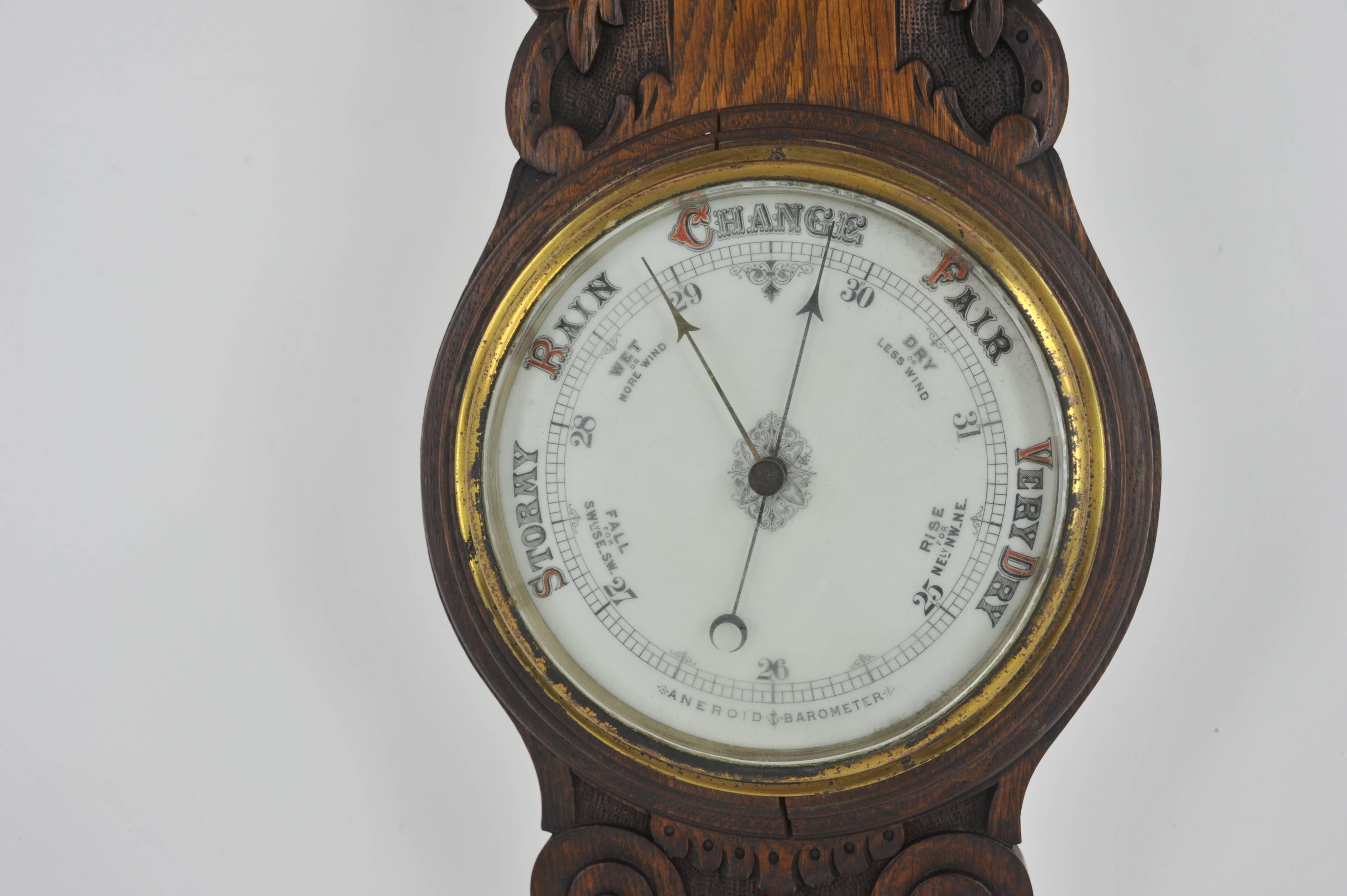 Scottish Aneroid Barometer, Decorative Barometer, Carved Oak Barometer, 1890, H25