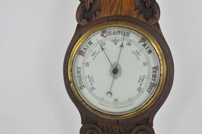 Aneroid Barometer, Decorative Barometer, Carved Oak Barometer, 1890 For