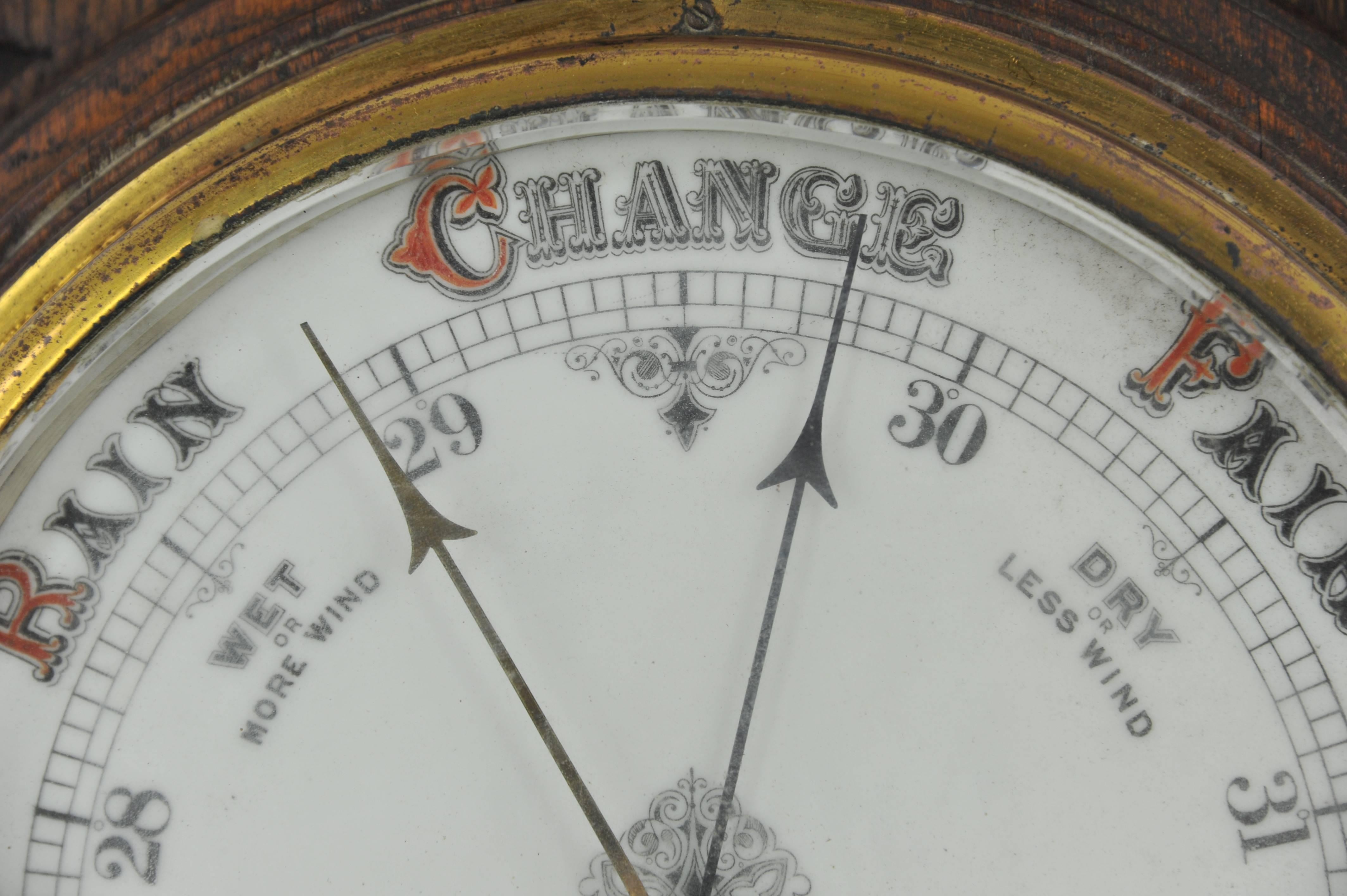 Hand-Carved Aneroid Barometer, Decorative Barometer, Carved Oak Barometer, 1890, H25