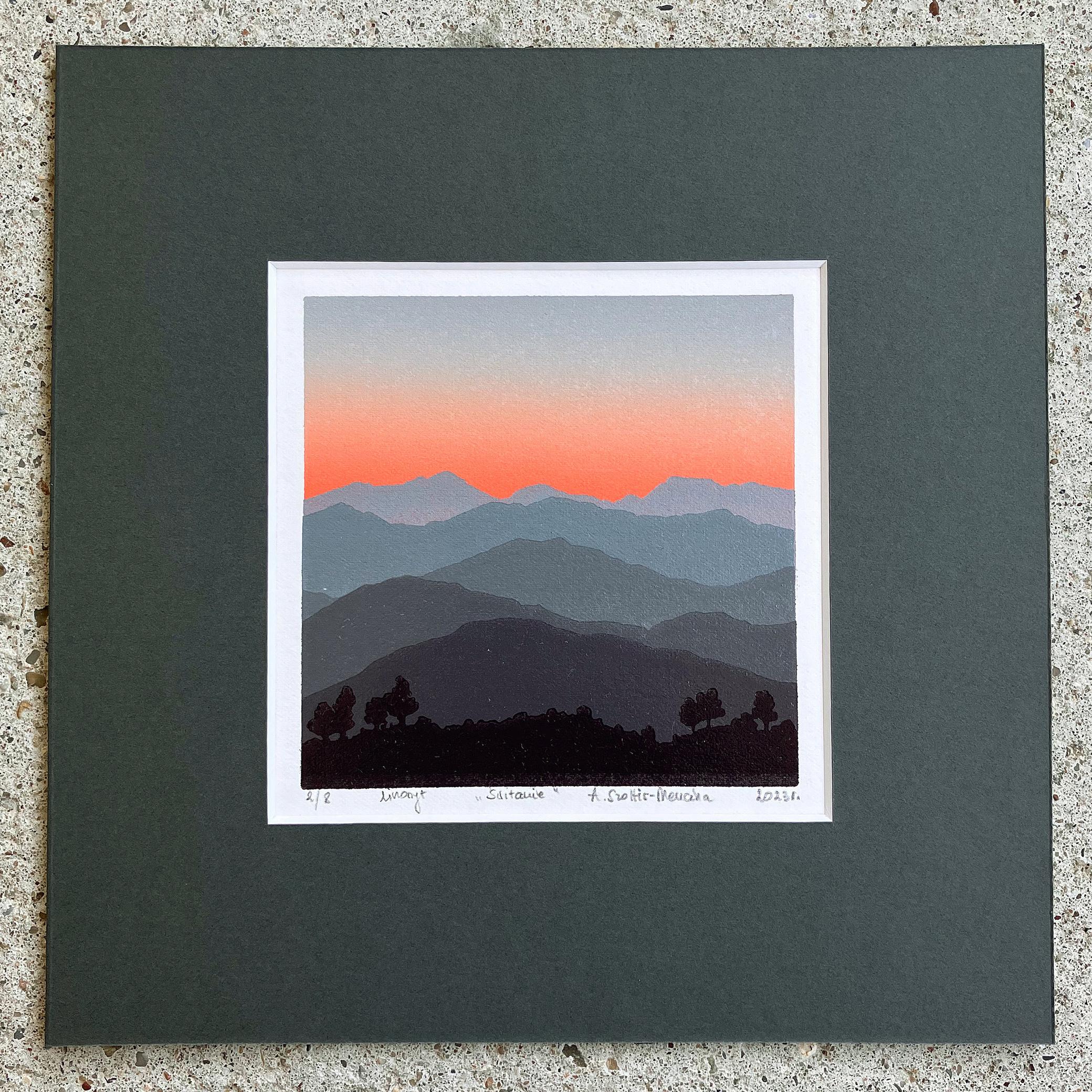 Alba -  Paesaggio montano realizzato a mano in linoleografia,  Stampa in edizione limitata Unica 2/8 - Print Contemporaneo di Aneta Szoltis-Mencina