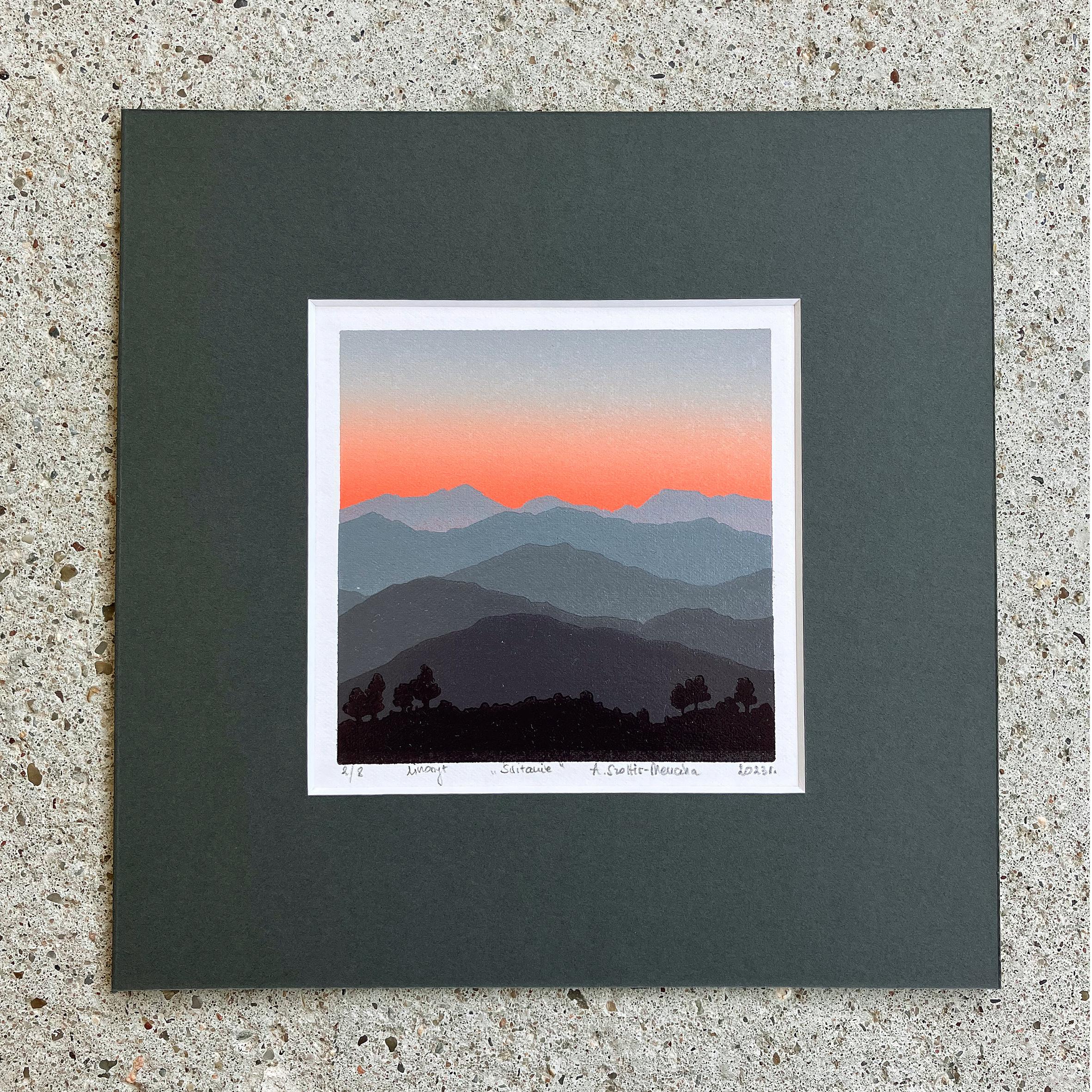 Alba -  Paesaggio montano realizzato a mano in linoleografia,  Stampa in edizione limitata Unica 2/8 - Landscape Print Nero di Aneta Szoltis-Mencina