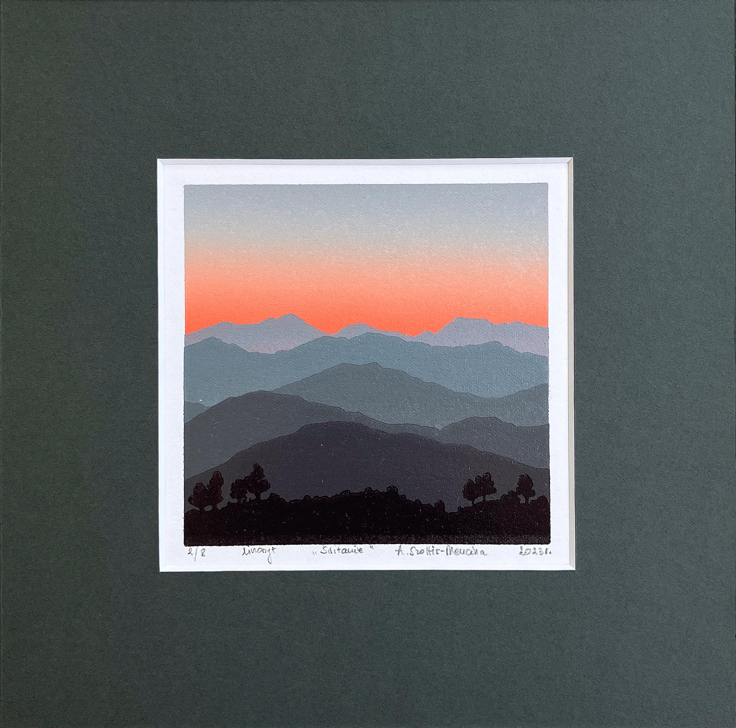 Dawn -  Paysage des montagnes, gravure à la main, Linocut  Impression à tirage limité unique 2/8