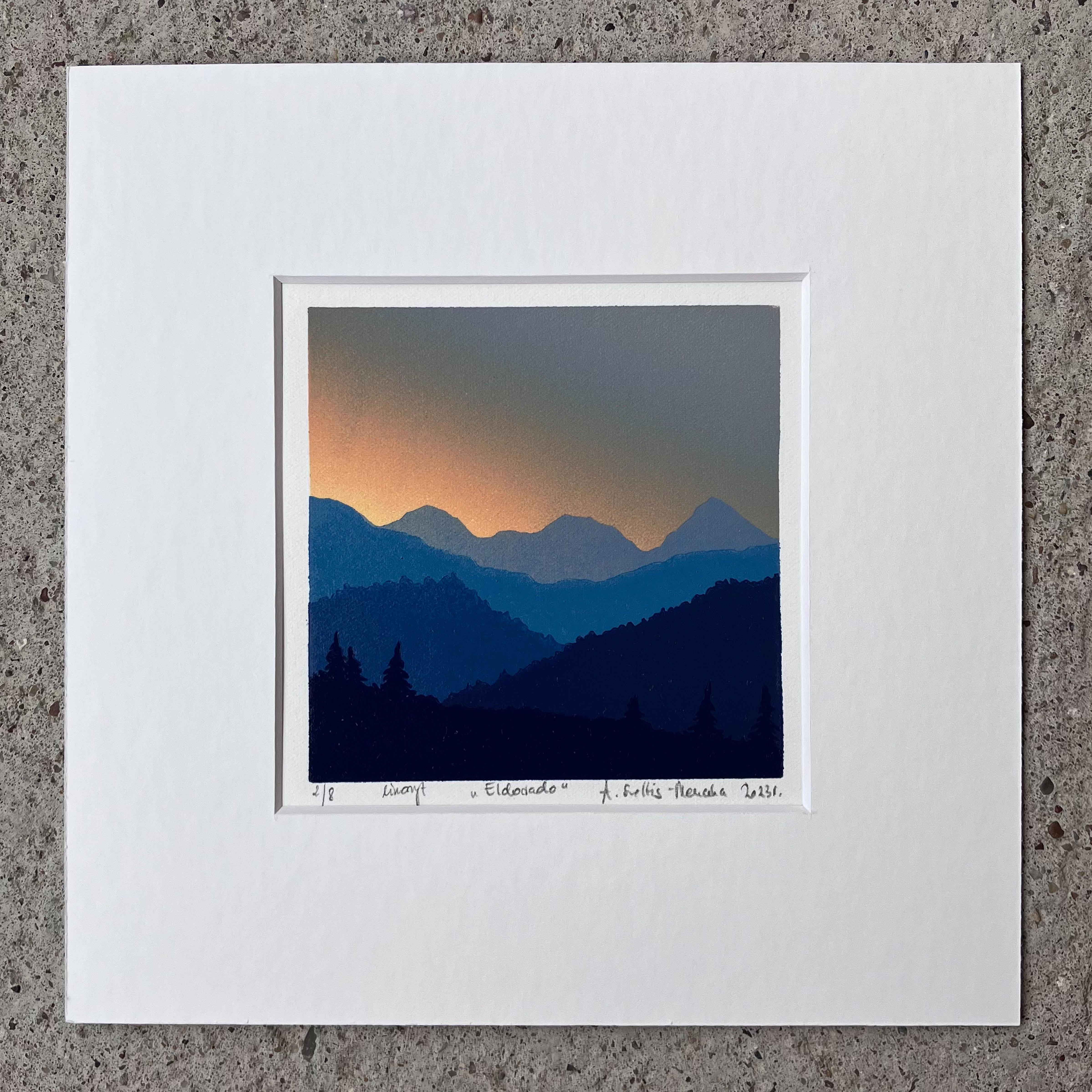 El Dorado - Handmade Linocut, Limited Edition Print Unique 2/8,  Mountains  For Sale 1