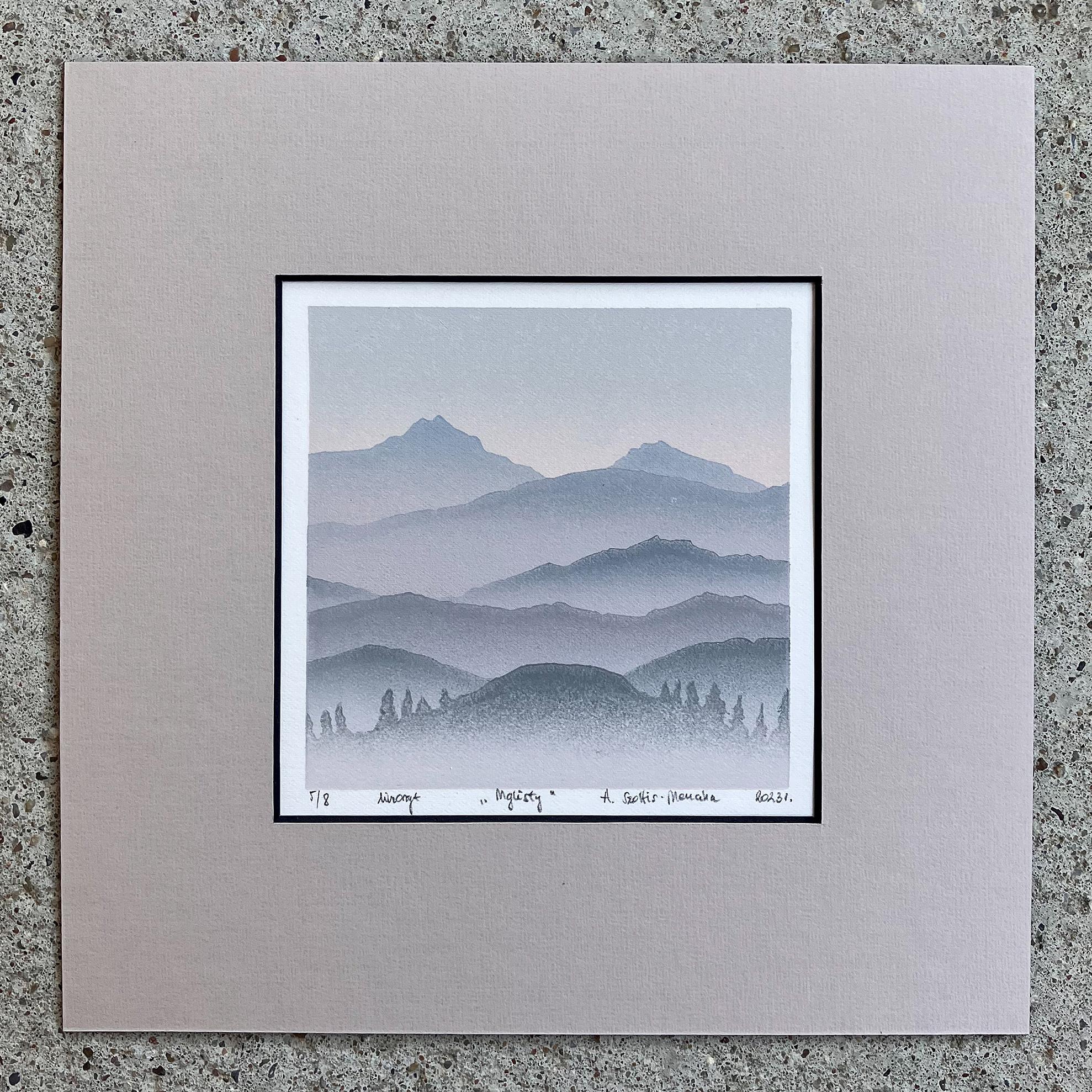 Neblig -  Berge Landschaft Handmade Linocut,  Limitierte Auflage Druck Unikat 5/8 (Zeitgenössisch), Print, von Aneta Szoltis-Mencina