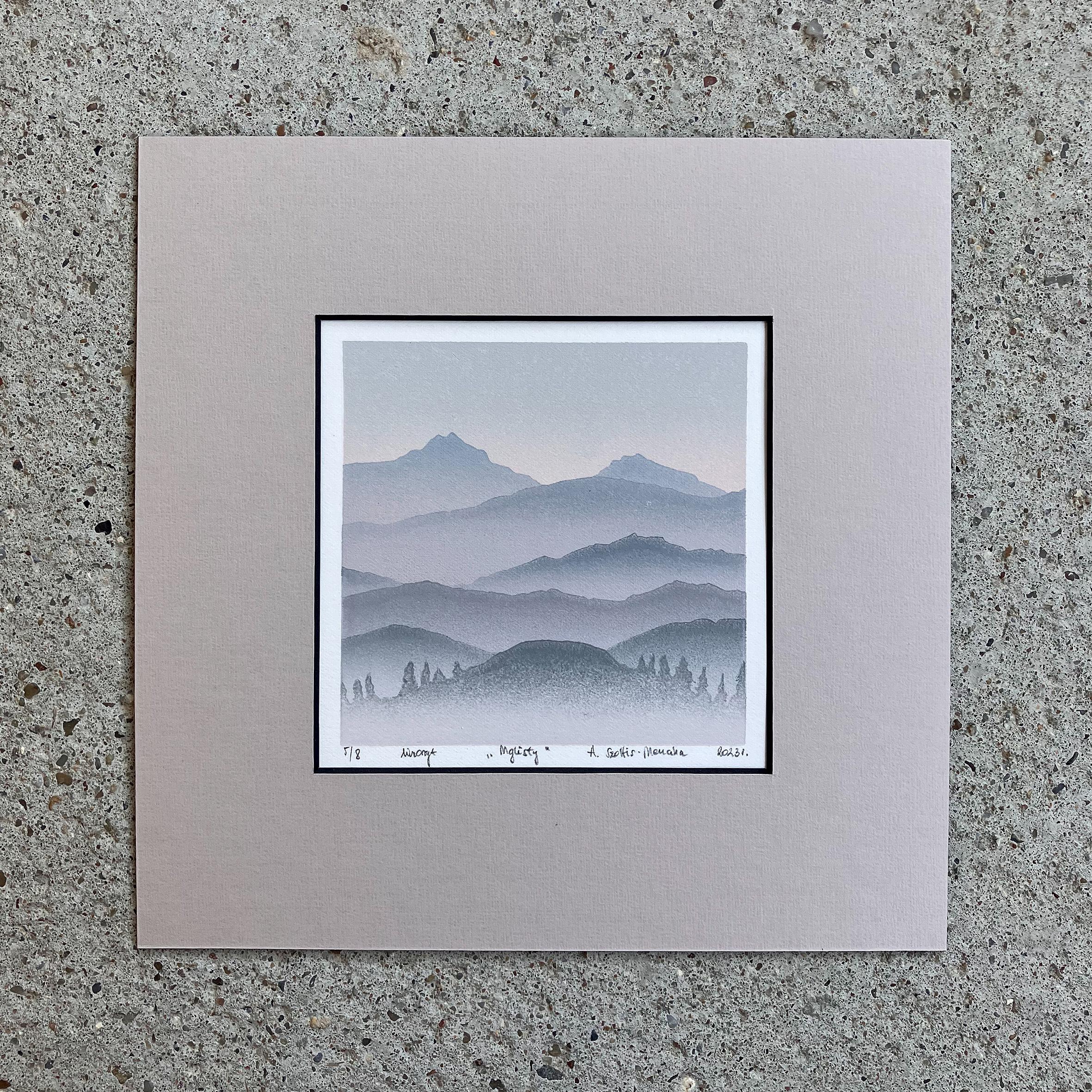 Neblig -  Berge Landschaft Handmade Linocut,  Limitierte Auflage Druck Unikat 5/8 (Grau), Landscape Print, von Aneta Szoltis-Mencina