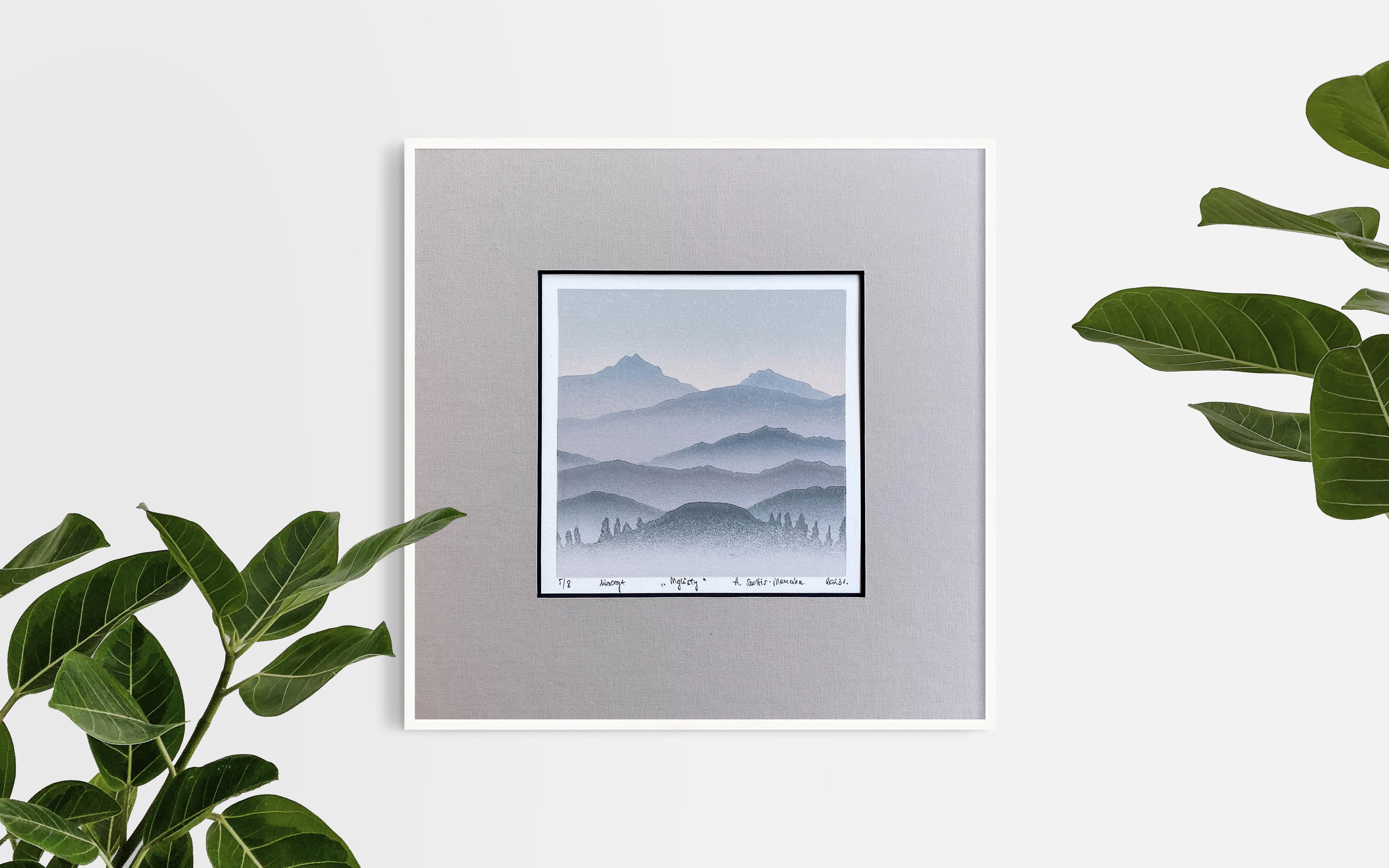 Foggy -  Mountains Landscape Handmade Linocut,  Limited Edition Print Unique 5/8 - Gray Landscape Print by Aneta Szoltis-Mencina
