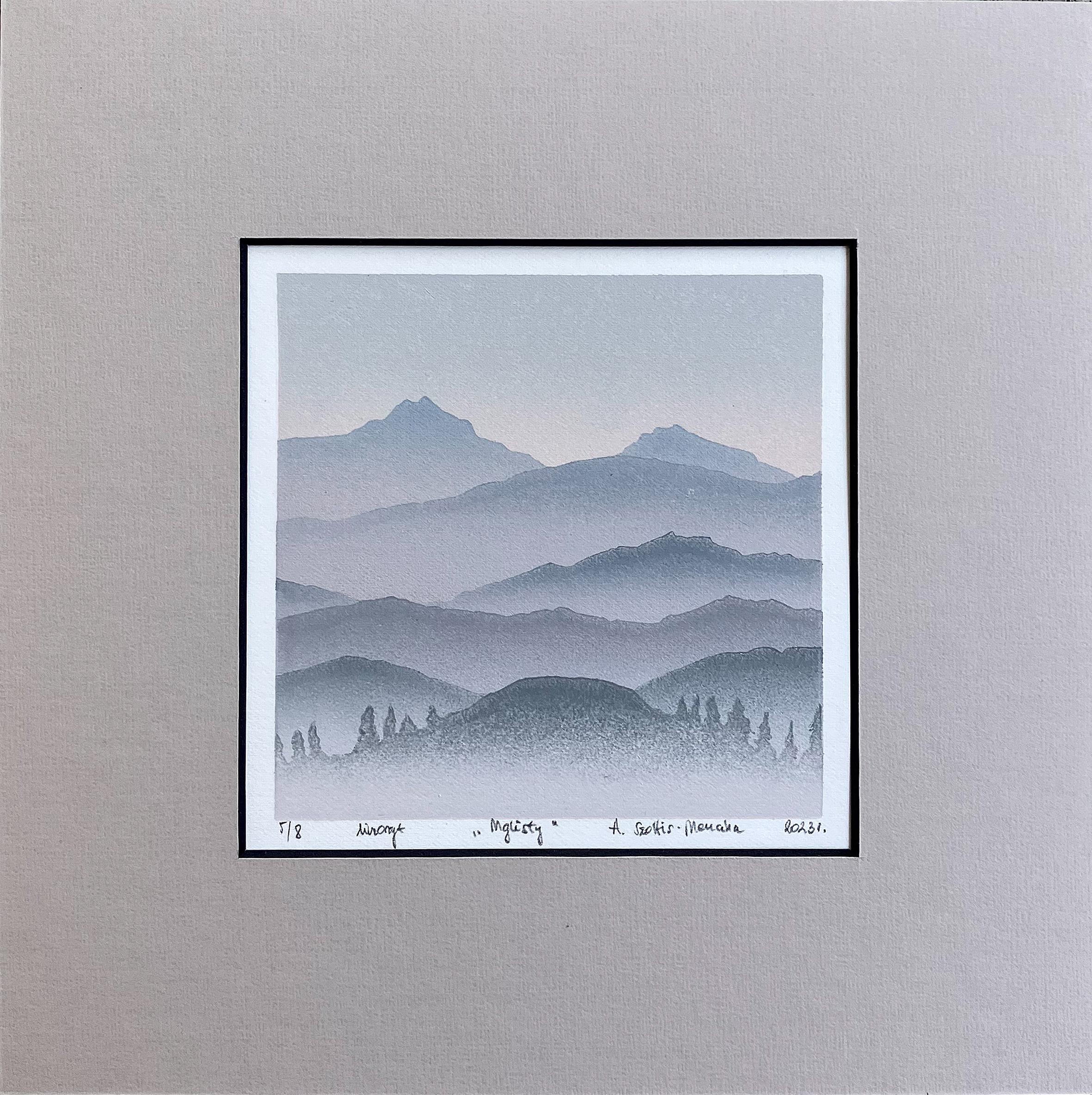 Aneta Szoltis-Mencina Landscape Print - Foggy -  Mountains Landscape Handmade Linocut,  Limited Edition Print Unique 5/8