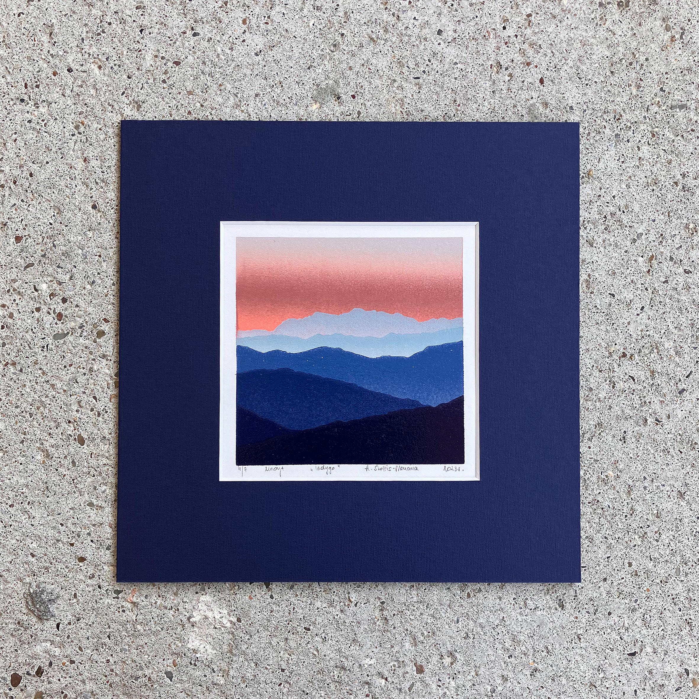 Indigo - Mountains Landscape Handmade Linocut,  Limited Edition Print Unique 4/7 - Purple Landscape Print by Aneta Szoltis-Mencina