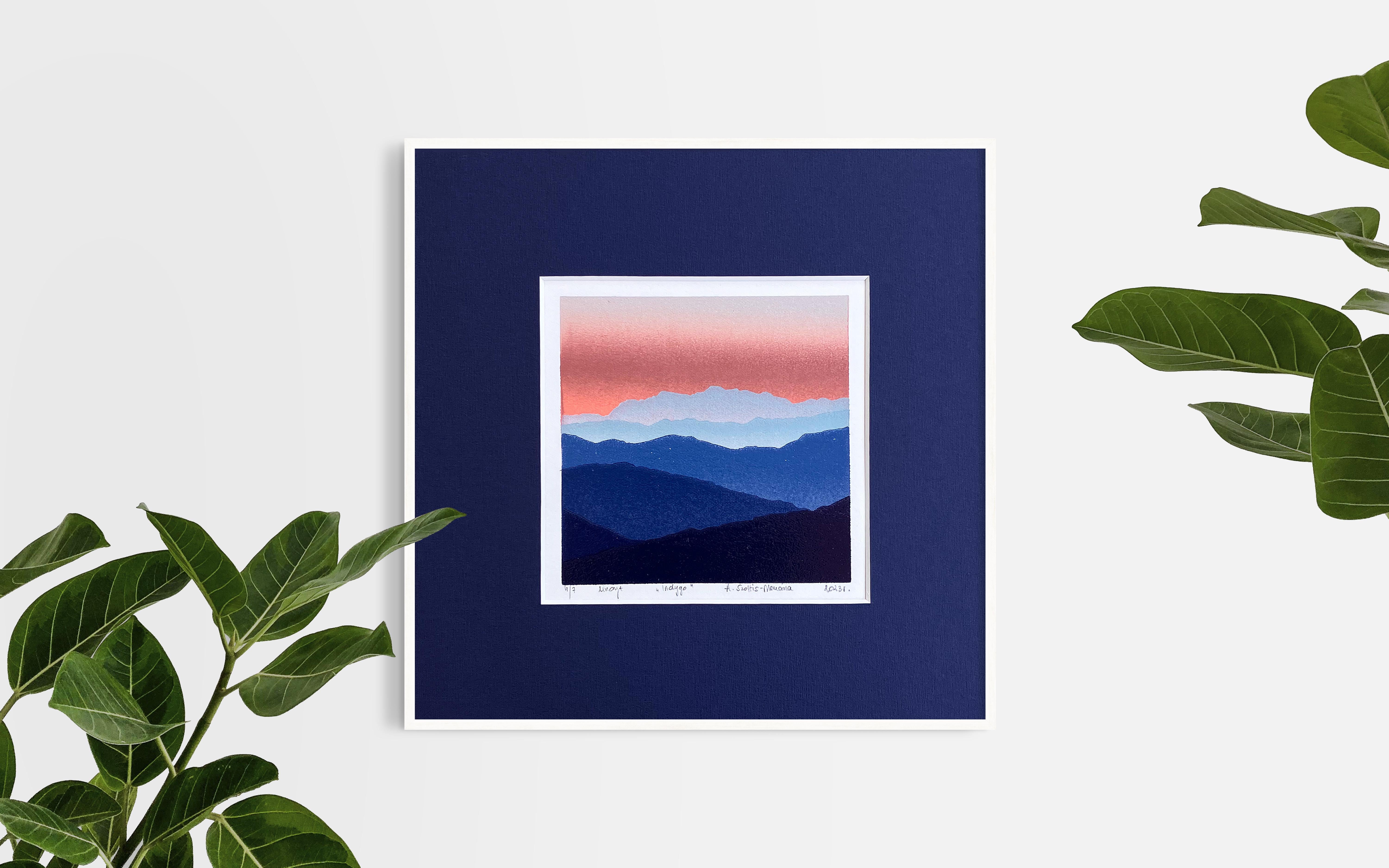 Indigo - Berge Landschaft, handgefertigt im Linoschliff  Limitierte Auflage Druck Einzigartig 4/7 im Angebot 1