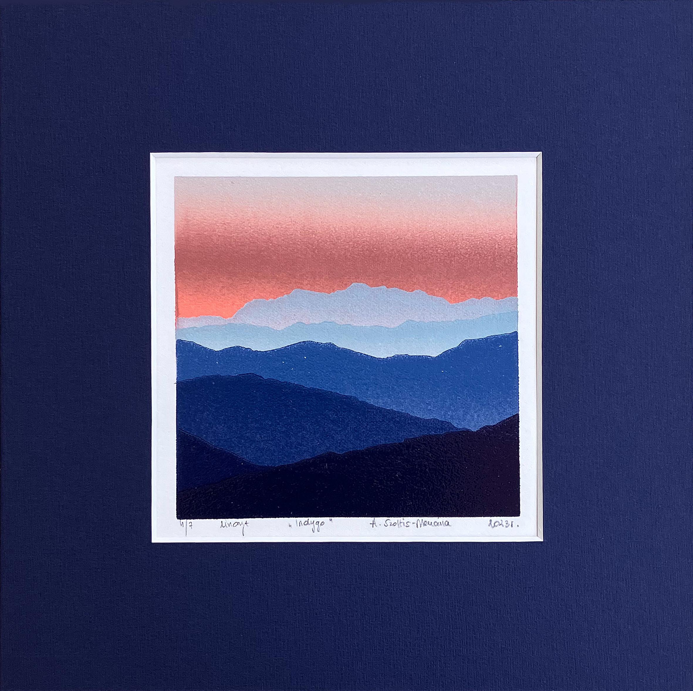 Aneta Szoltis-Mencina Landscape Print - Indigo - Mountains Landscape Handmade Linocut,  Limited Edition Print Unique 4/7
