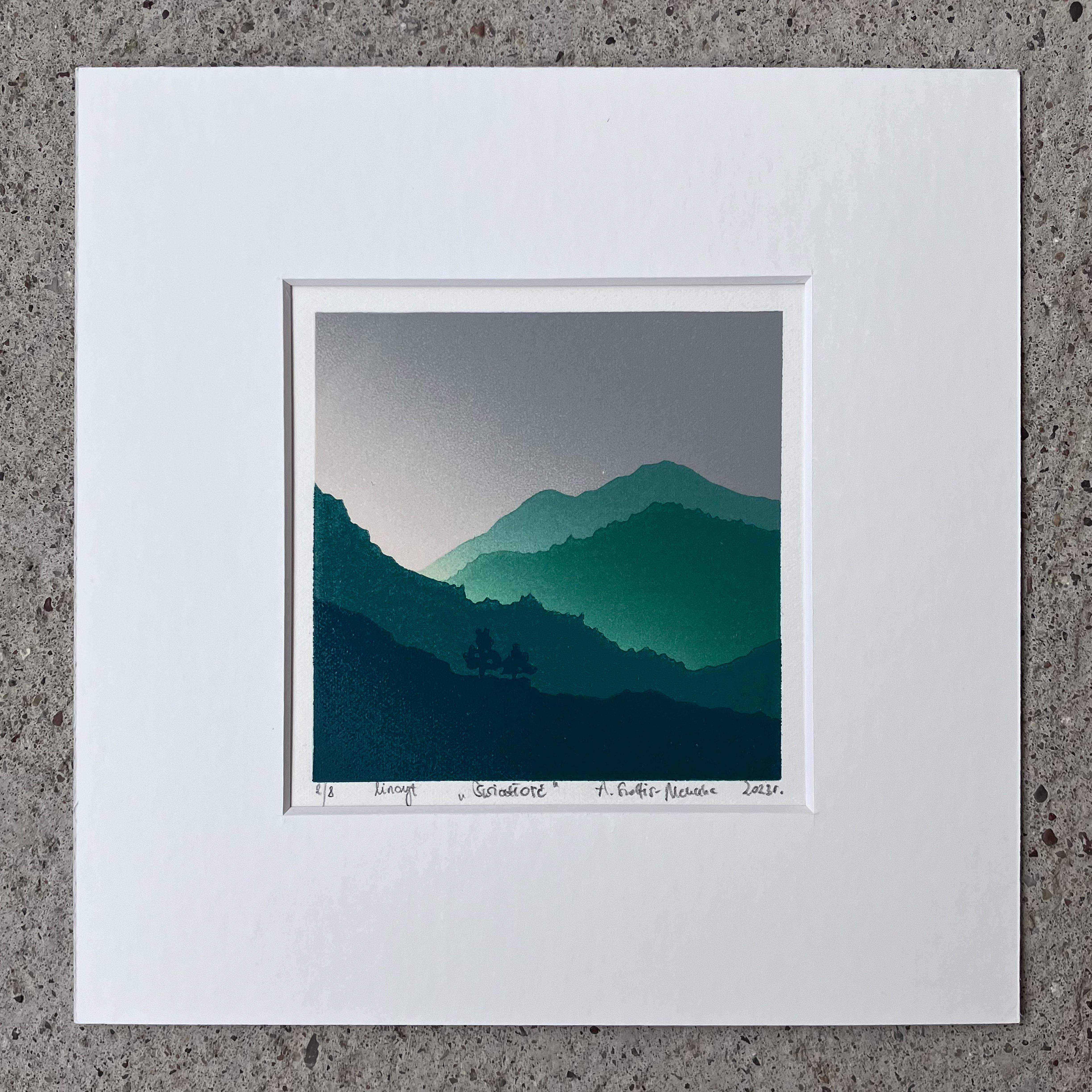 Light - Handmade Linocut, Limited Edition Print Unique 2/8,  Mountains  - Blue Landscape Print by Aneta Szoltis-Mencina