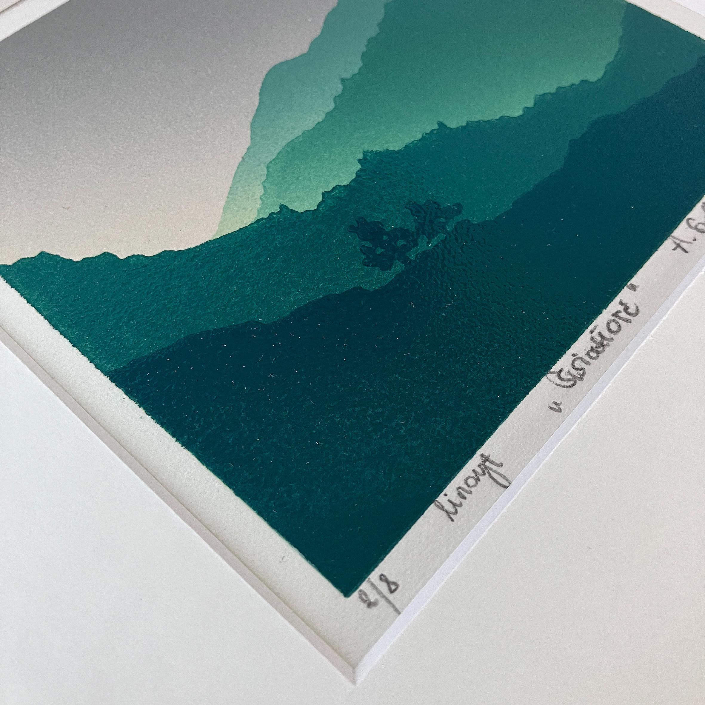 Light - Handmade Linocut, Limited Edition Print Unique 2/8,  Mountains  For Sale 1