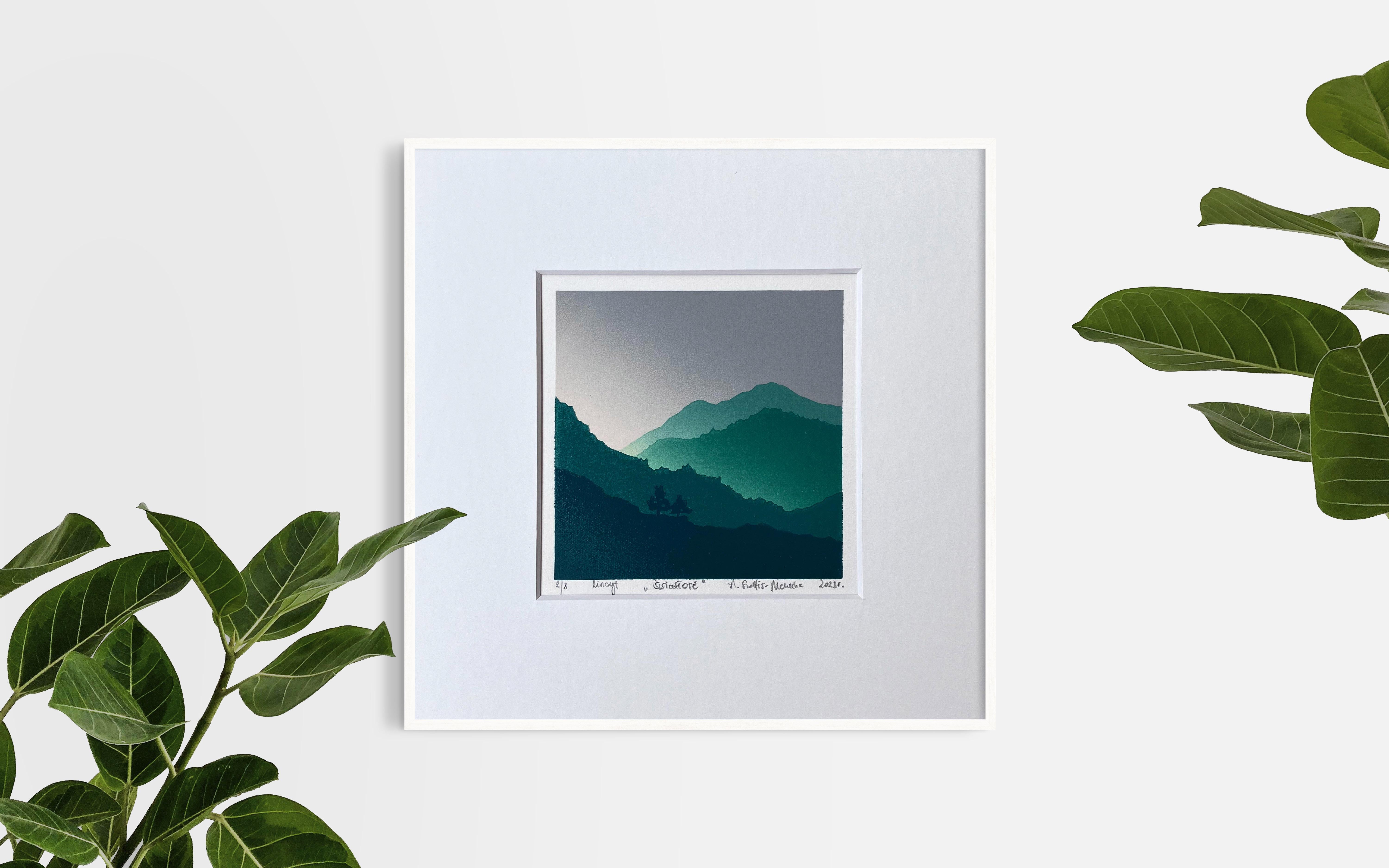 Light - Handmade Linocut, Limited Edition Print Unique 2/8,  Mountains  For Sale 2
