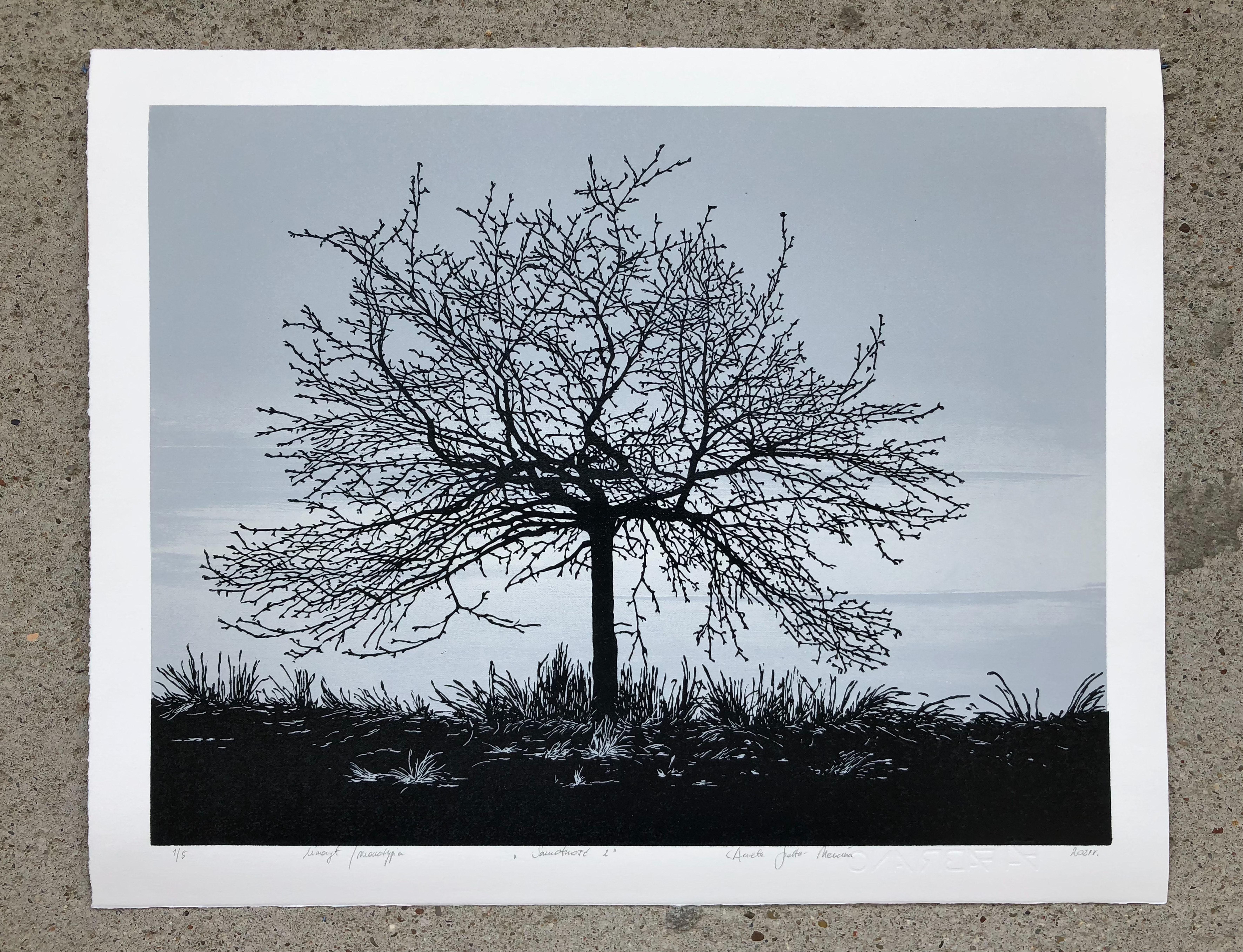 Einsamkeit 2  -  Handgefertigter Linolschnitt und Monotype Techniq,  Limitierte Auflage 1/5 – Print von Aneta Szoltis-Mencina