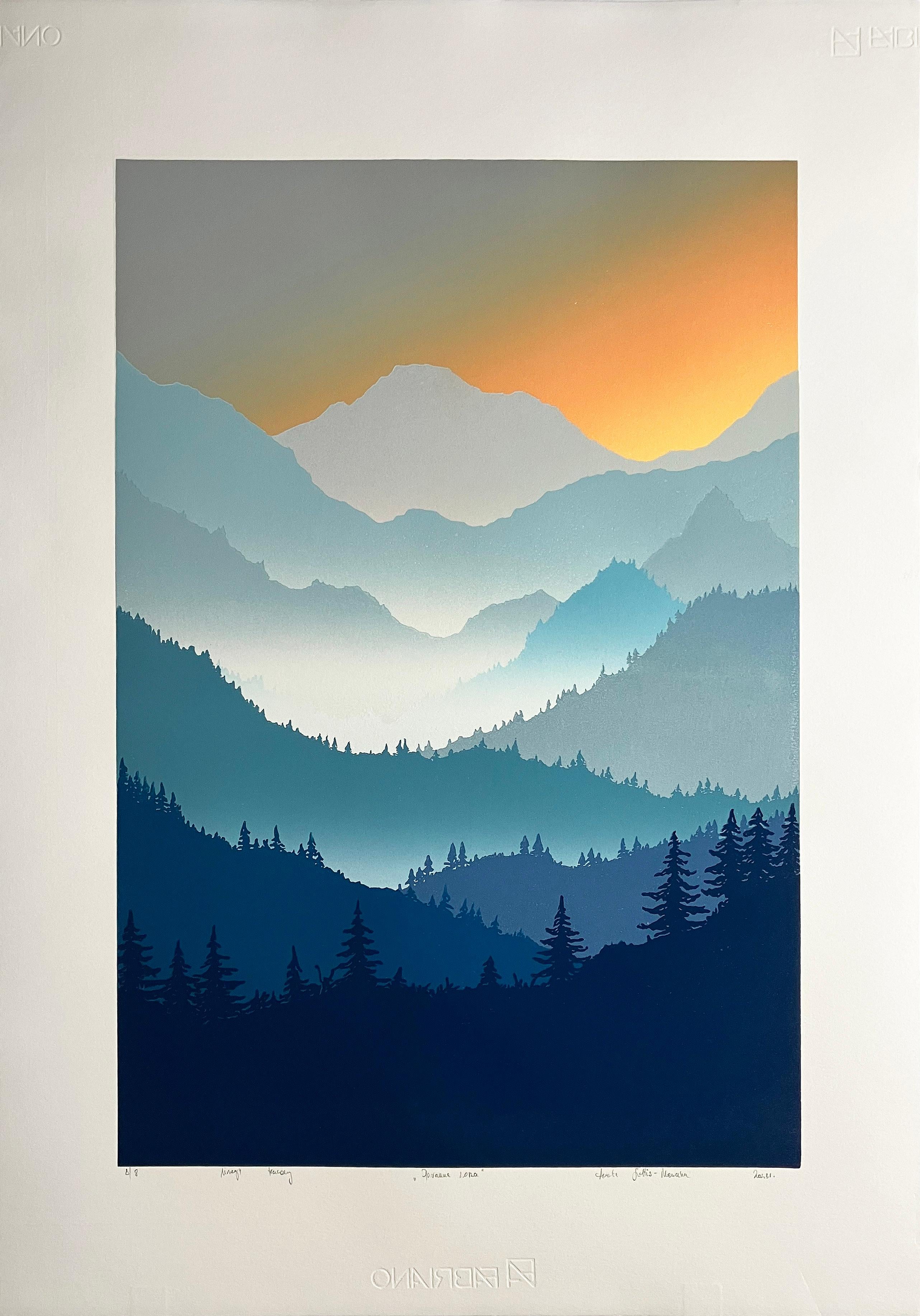 Amanecer - Paisaje hecho a mano Linograbado, Impresión Única Número 8/8 - Print de Aneta Szoltis-Mencina