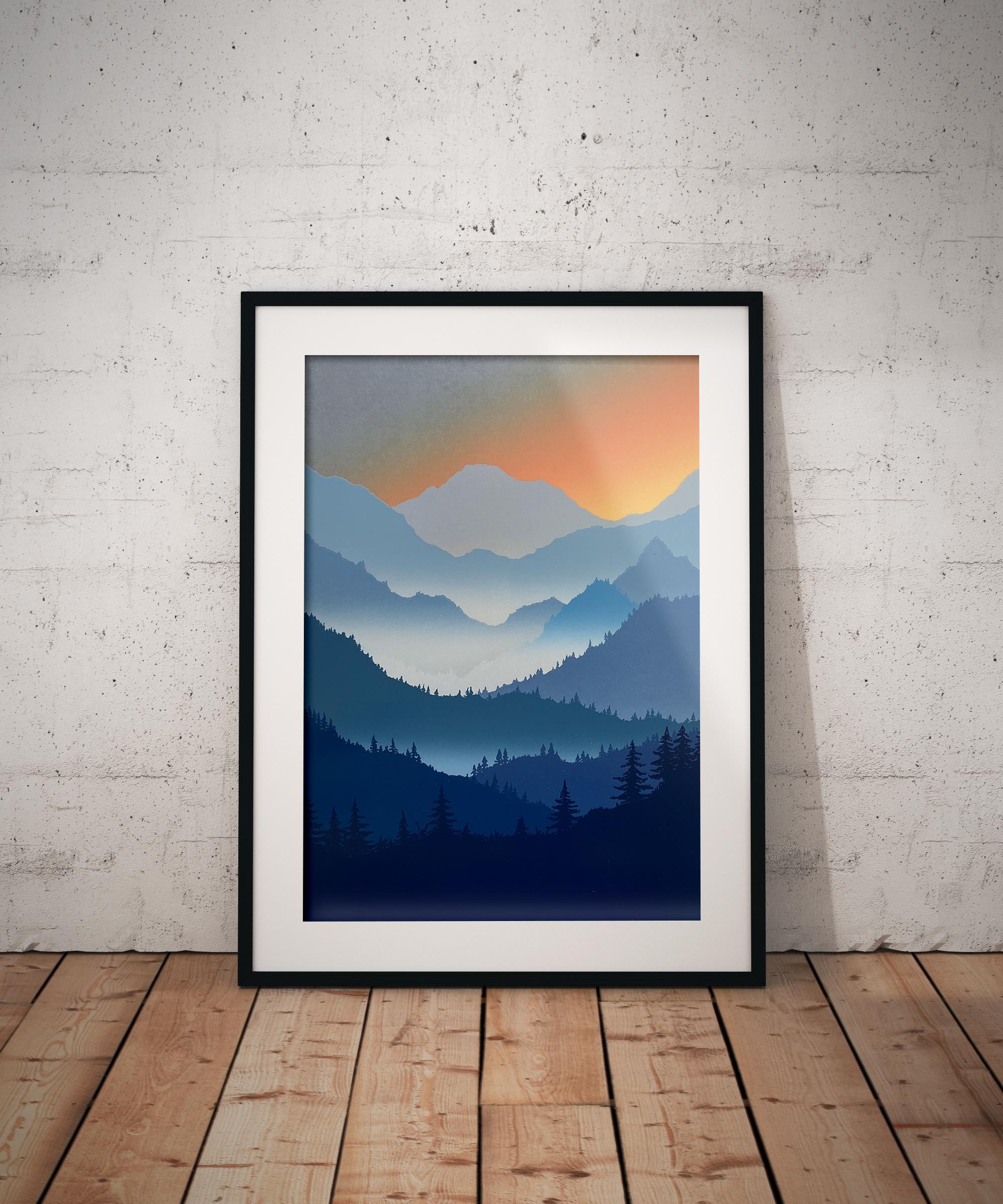 Amanecer - Paisaje hecho a mano Linograbado, Impresión Única Número 8/8 - Print Contemporáneo de Aneta Szoltis-Mencina