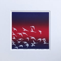 Murmurations 10 i - Linocut contemporanea unica fatta a mano, edizione limitata 1 / 1