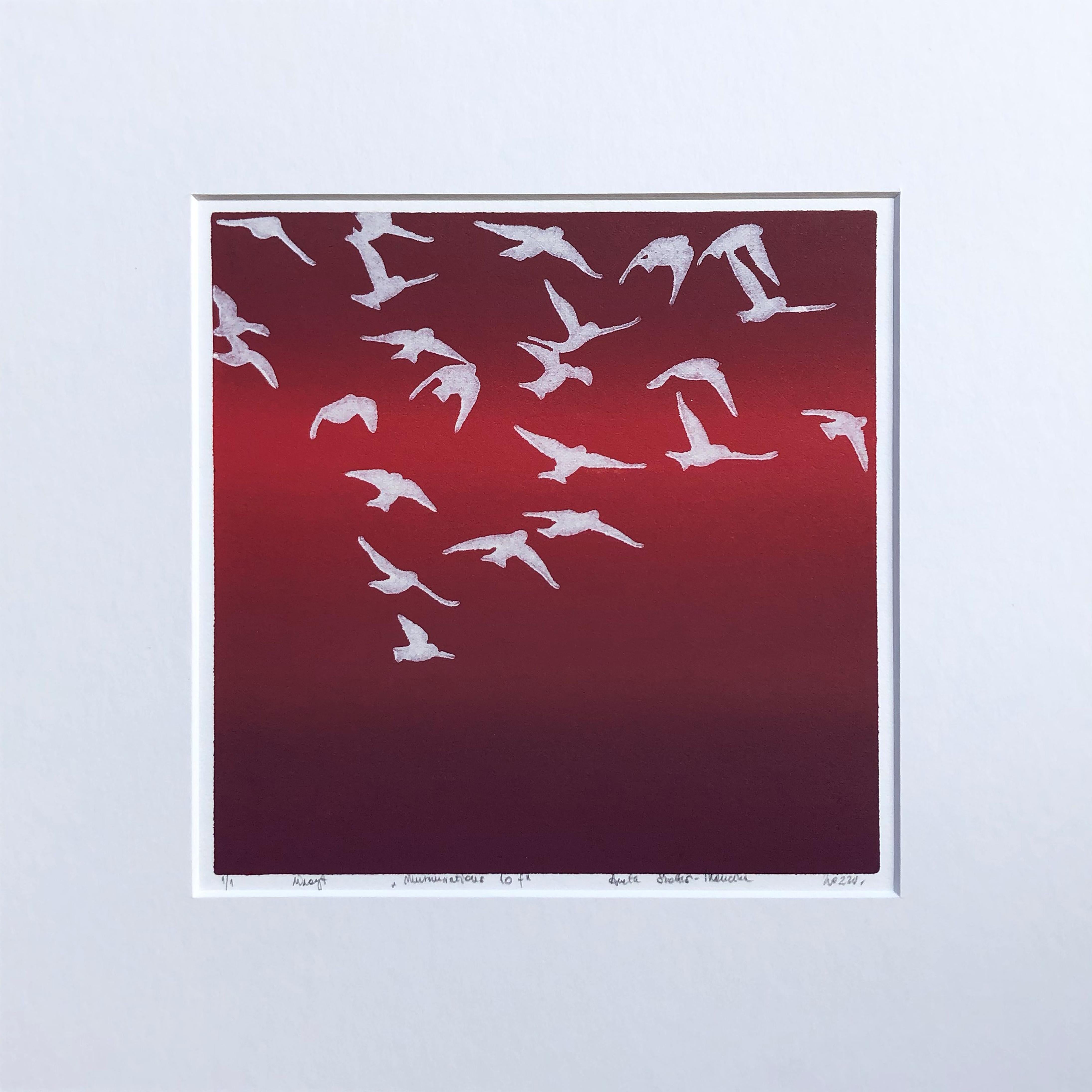 Murmurations 10f - Contemporary Unique Handmade Linocut, Limited Edition 1 / 1 - Print by Aneta Szoltis-Mencina