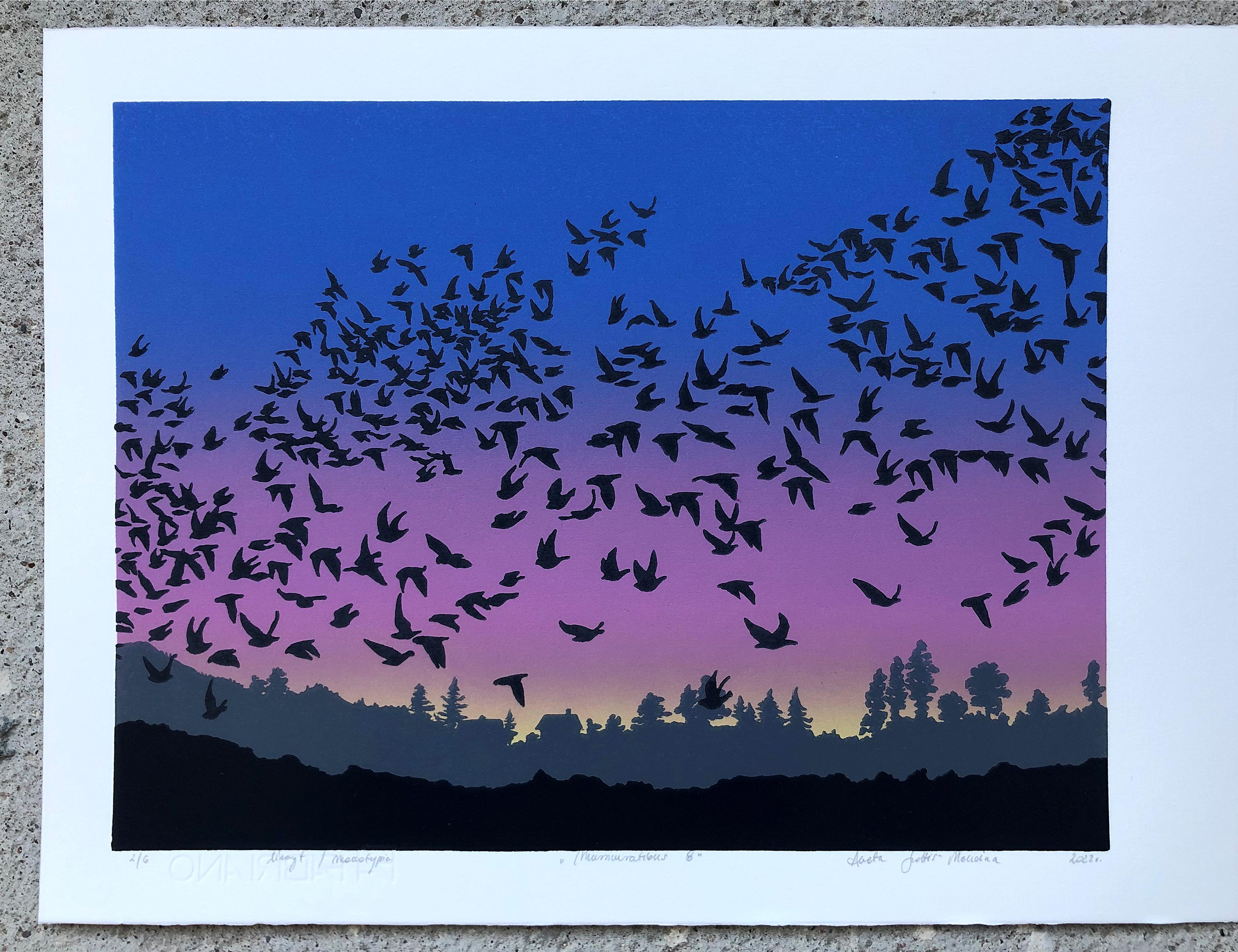 Murmurations 8 -  Handmade Linocut, Monotype,  Limited Edition Print Unique 2/6 - Purple Abstract Print by Aneta Szoltis-Mencina