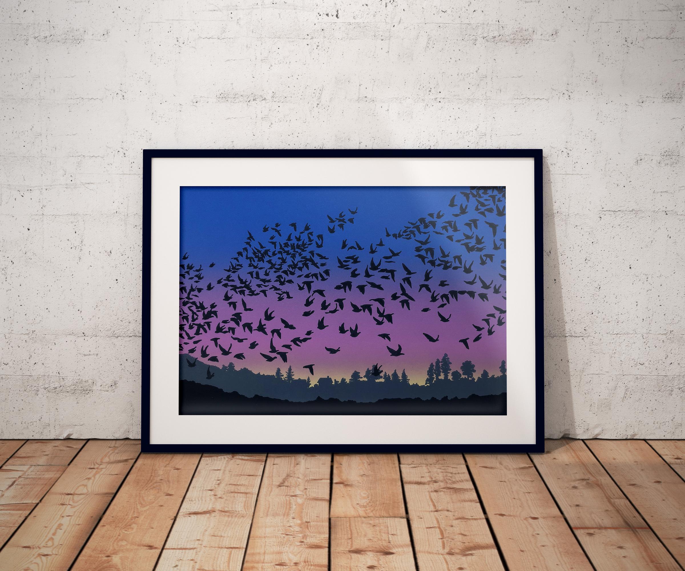 Murmurations 8 -  Handmade Linocut, Monotype,  Limited Edition Print Unique 2/6 - Purple Figurative Print by Aneta Szoltis-Mencina