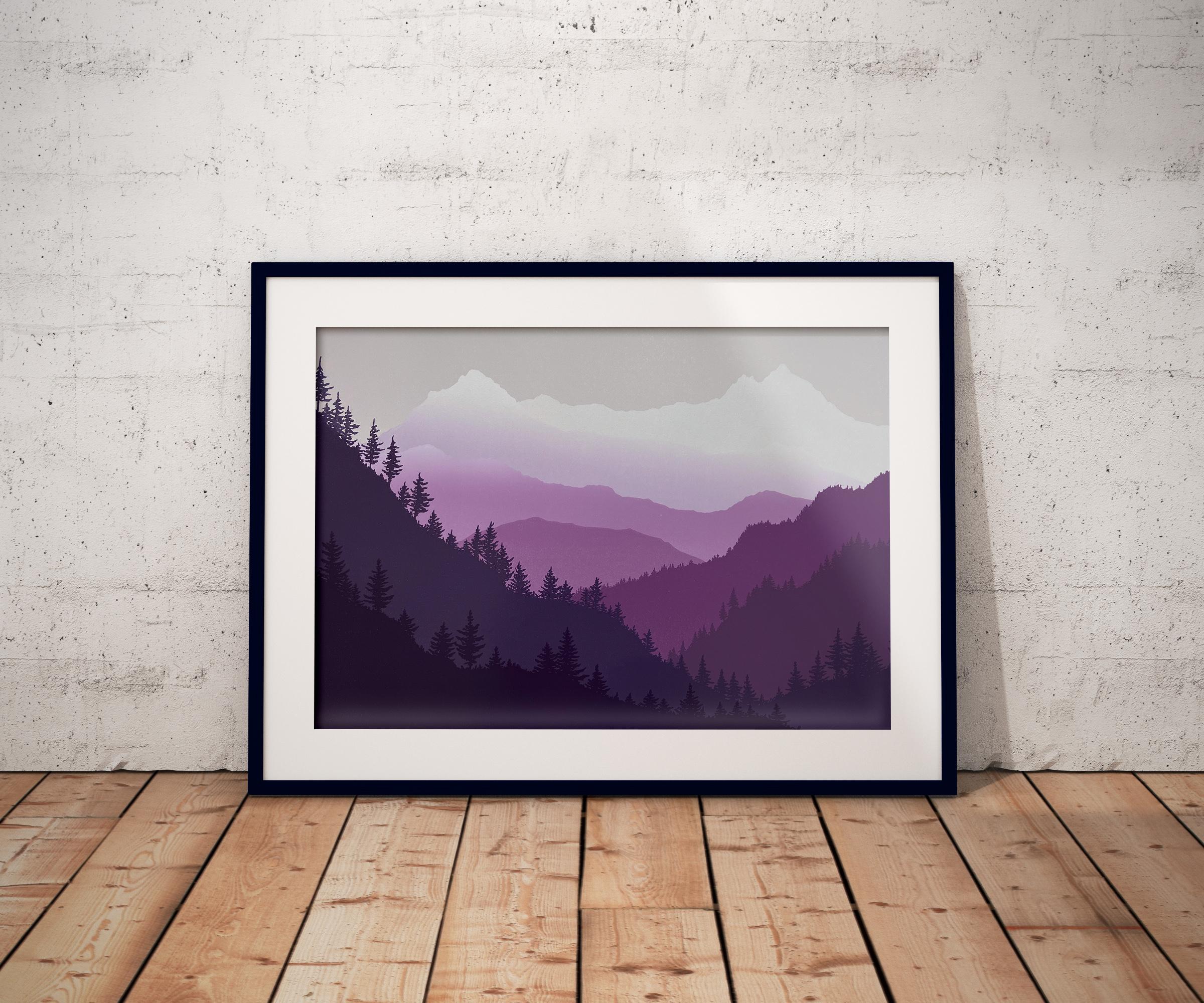 Le mie montagne, Pace, Sollievo, Vuoto e Silenzio - Linocut, Stampa Unica 5/11 - Landscape Print Viola di Aneta Szoltis-Mencina
