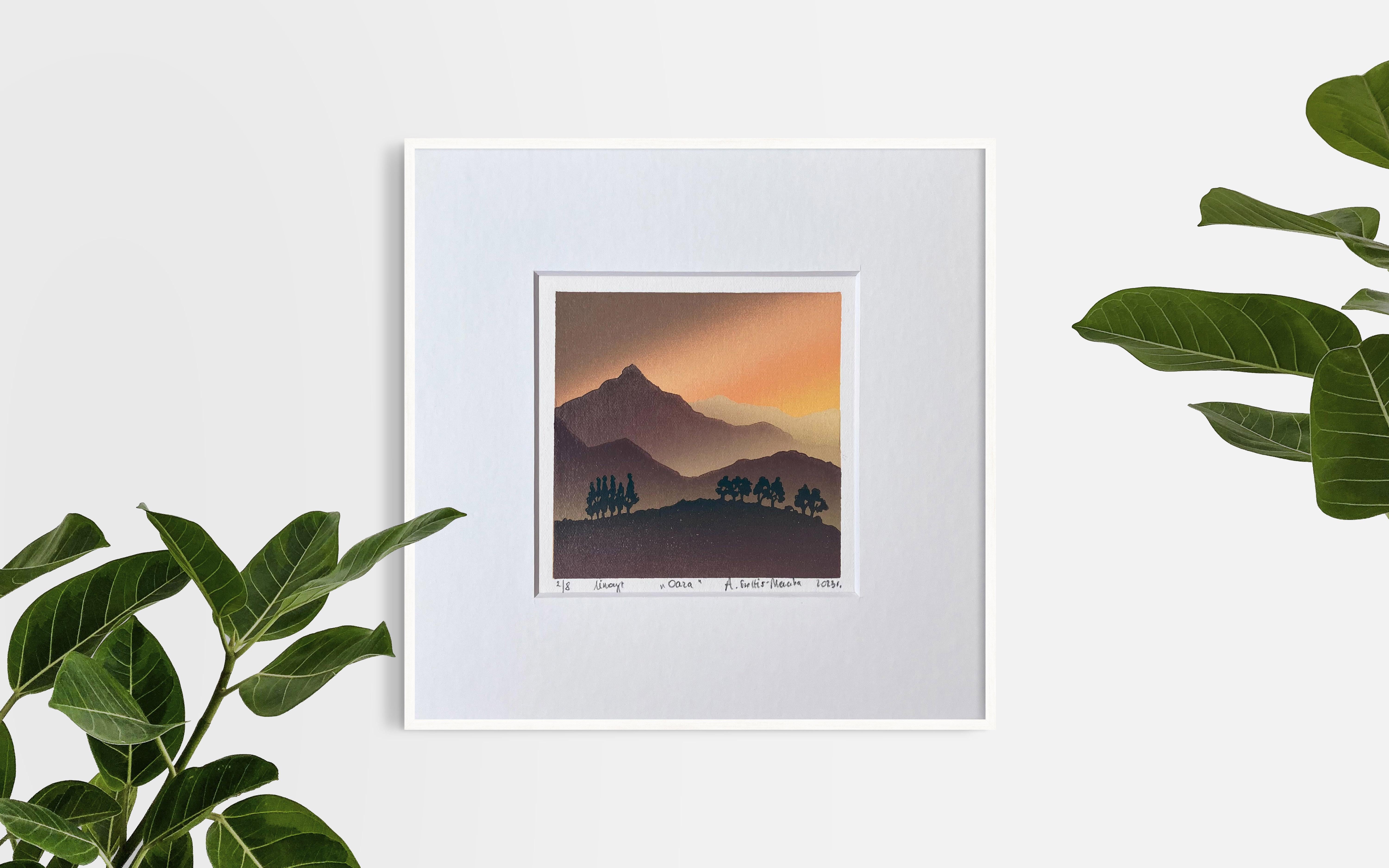 OASIS - Handmade Linocut, Limited Edition Print Unique 2/8,  Mountains  - Black Landscape Print by Aneta Szoltis-Mencina