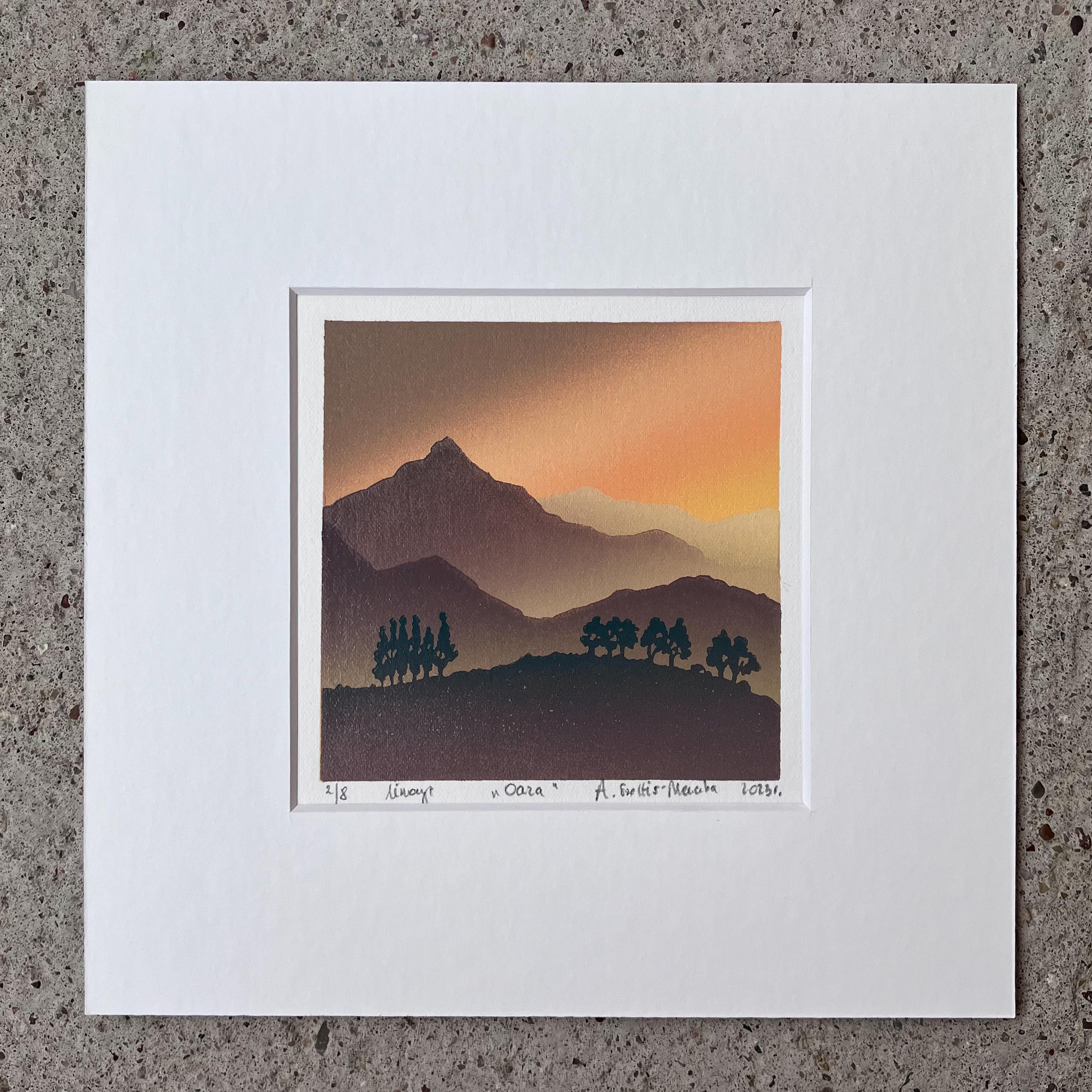 OASIS - Handmade Linocut, Limited Edition Print Unique 2/8,  Mountains  For Sale 1