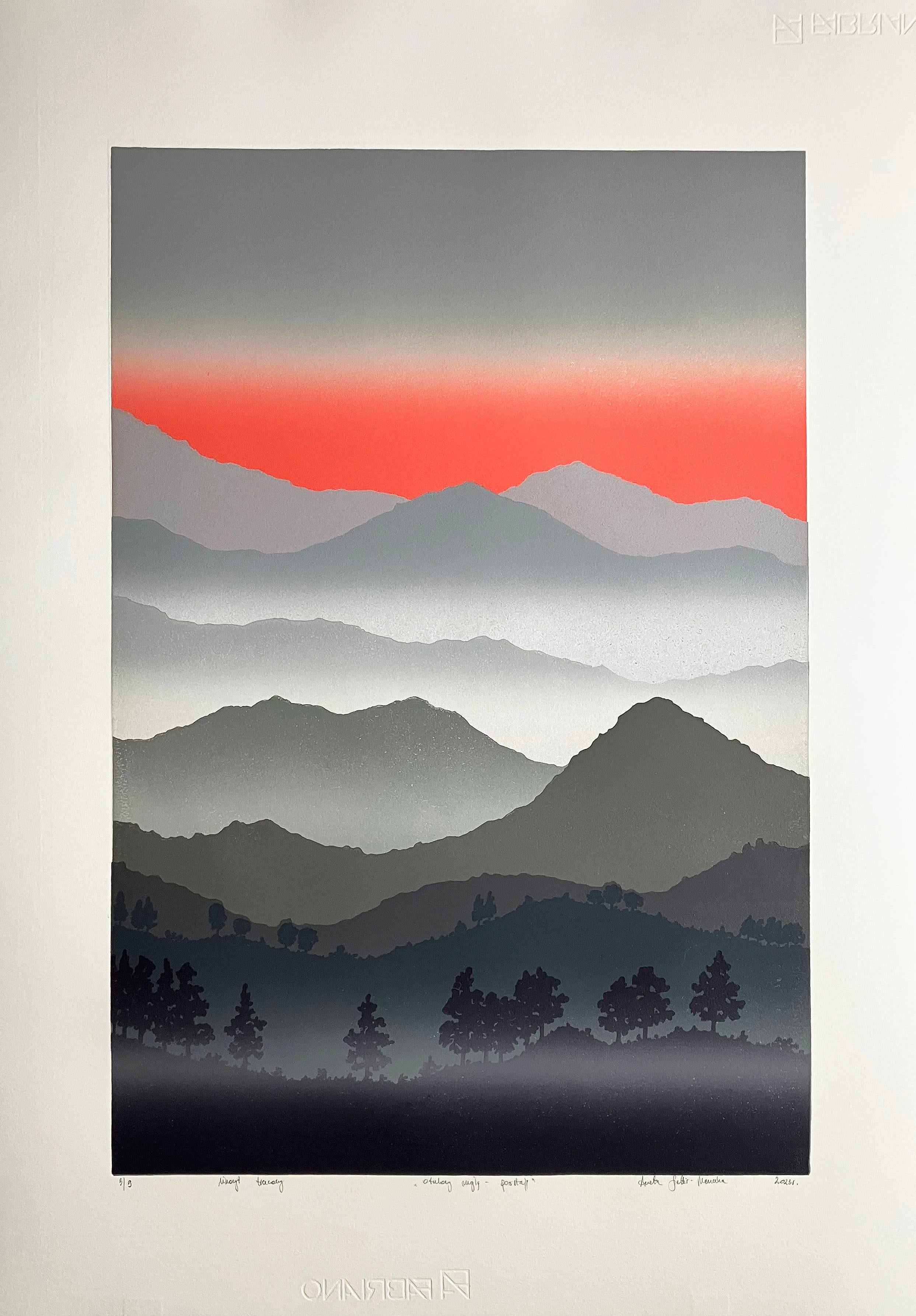 Envuelto en niebla , me levanto - Linograbado hecho a mano, Impresión Única 3/9 - Print de Aneta Szoltis-Mencina
