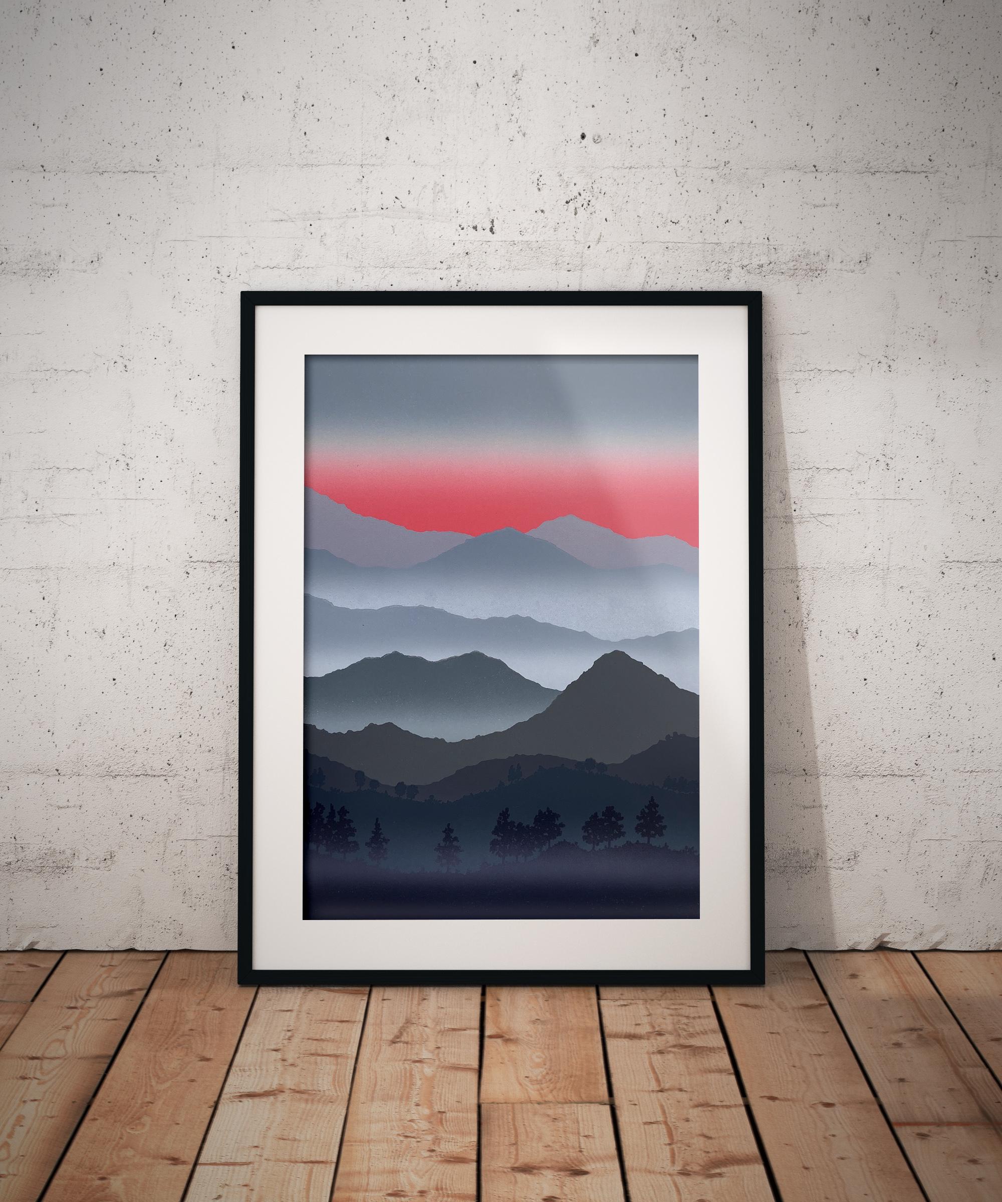 Envuelto en niebla , me levanto - Linograbado hecho a mano, Impresión Única 3/9 - Landscape Print Gris de Aneta Szoltis-Mencina