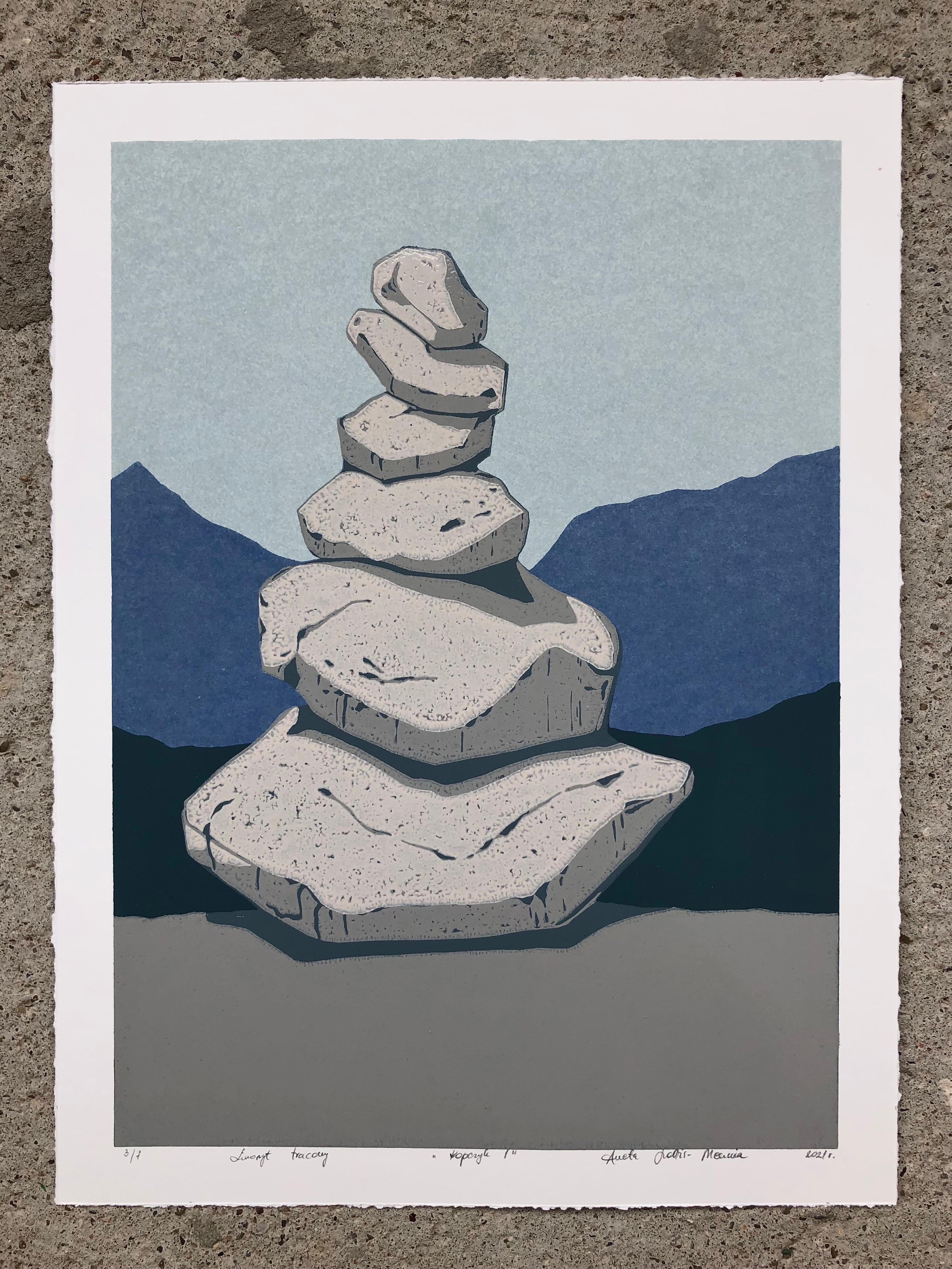 Stone Cairn 1  -  Handmade Linocut,  Limited Edition 1/7 - Print by Aneta Szoltis-Mencina