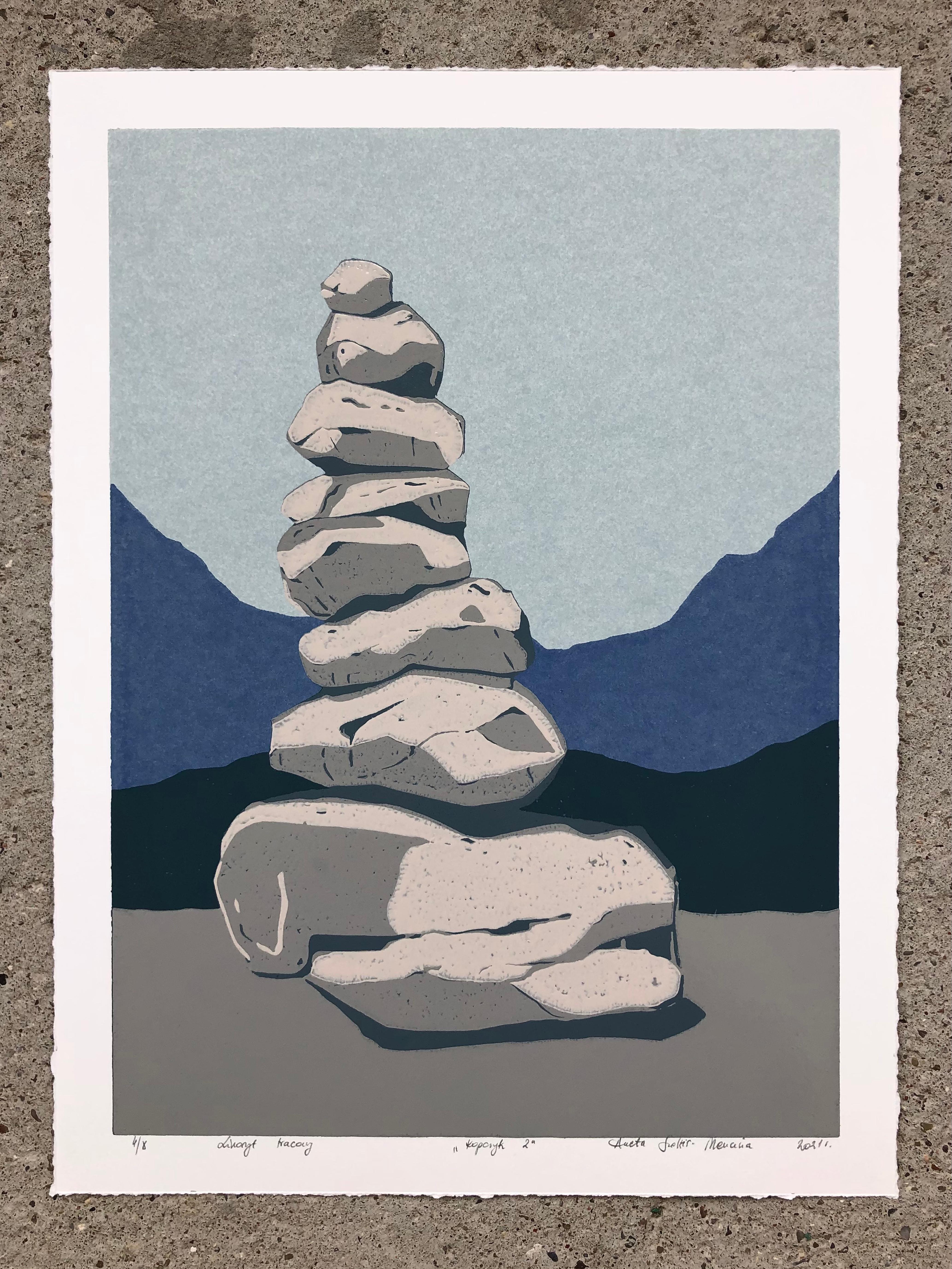 Stone Cairn  2 -  Handmade Linocut,  Limited Edition 3/8 - Print by Aneta Szoltis-Mencina
