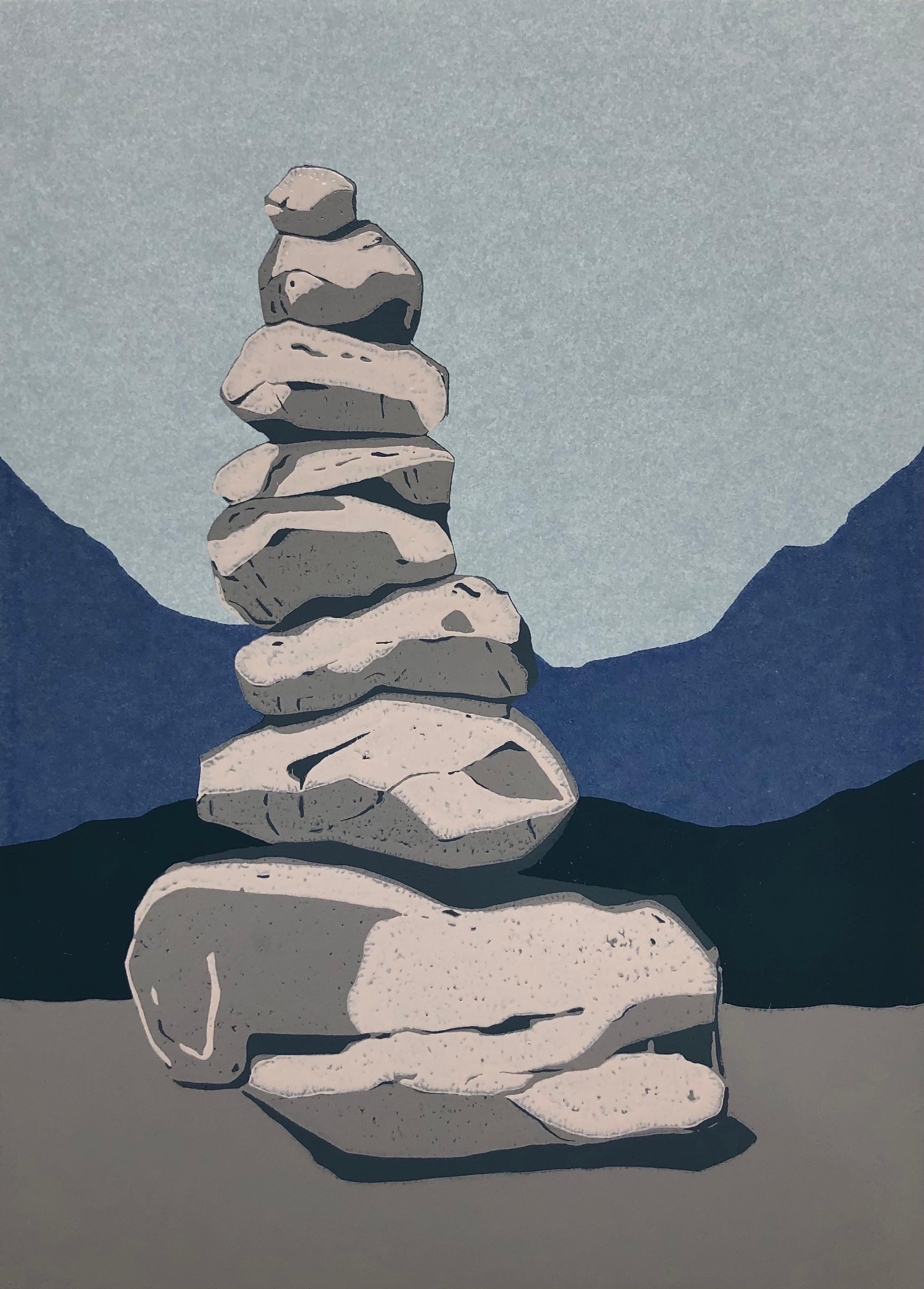 Aneta Szoltis-Mencina Figurative Print - Stone Cairn  2 -  Handmade Linocut,  Limited Edition 3/8