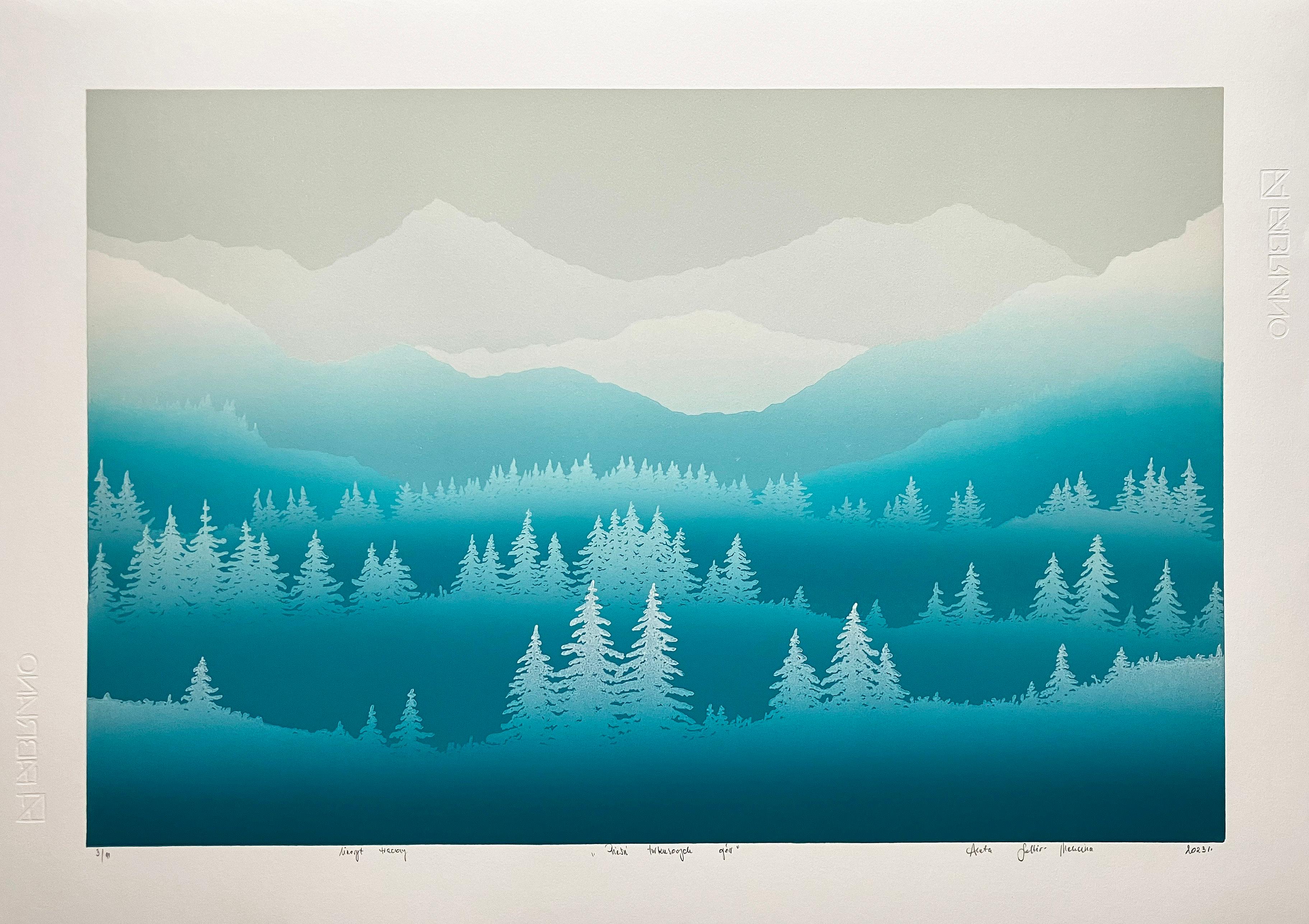 La canción de las montañas turquesas - Linograbado hecho a mano, Impresión única 3/11 - Print de Aneta Szoltis-Mencina