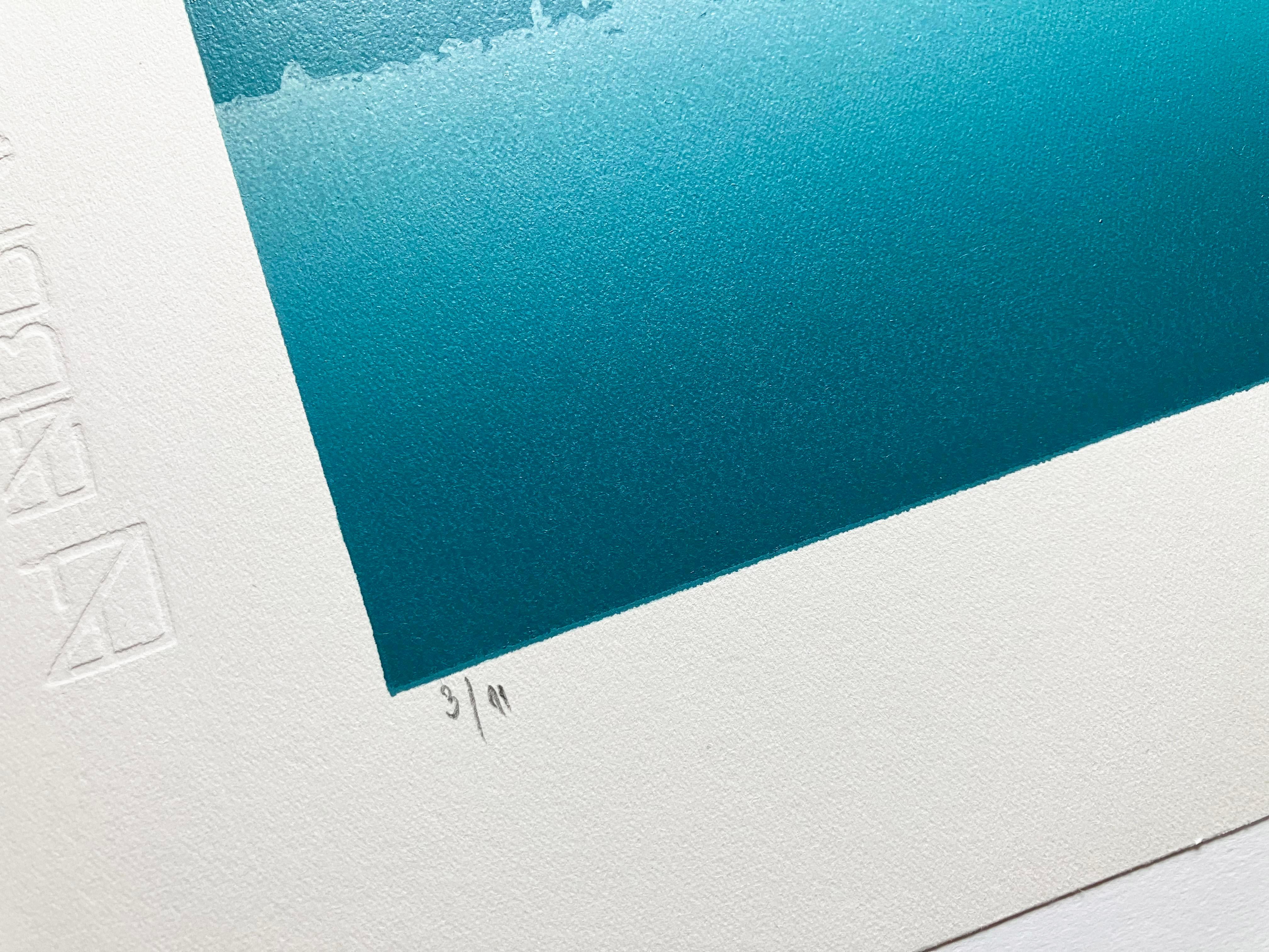 La canción de las montañas turquesas - Linograbado hecho a mano, Impresión única 3/11 - Print Contemporáneo de Aneta Szoltis-Mencina