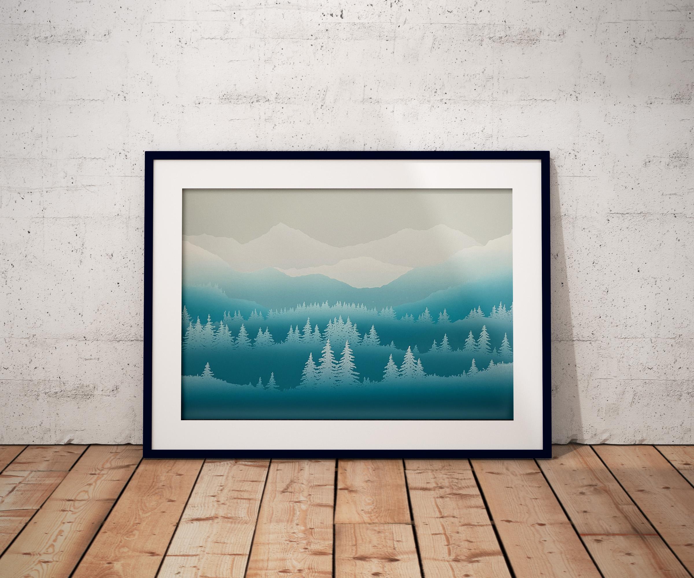 La canción de las montañas turquesas - Linograbado hecho a mano, Impresión única 3/11 - Landscape Print Azul de Aneta Szoltis-Mencina