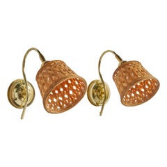 Aneta, Wall Lights, Brass, Rattan, Sweden, 1970s