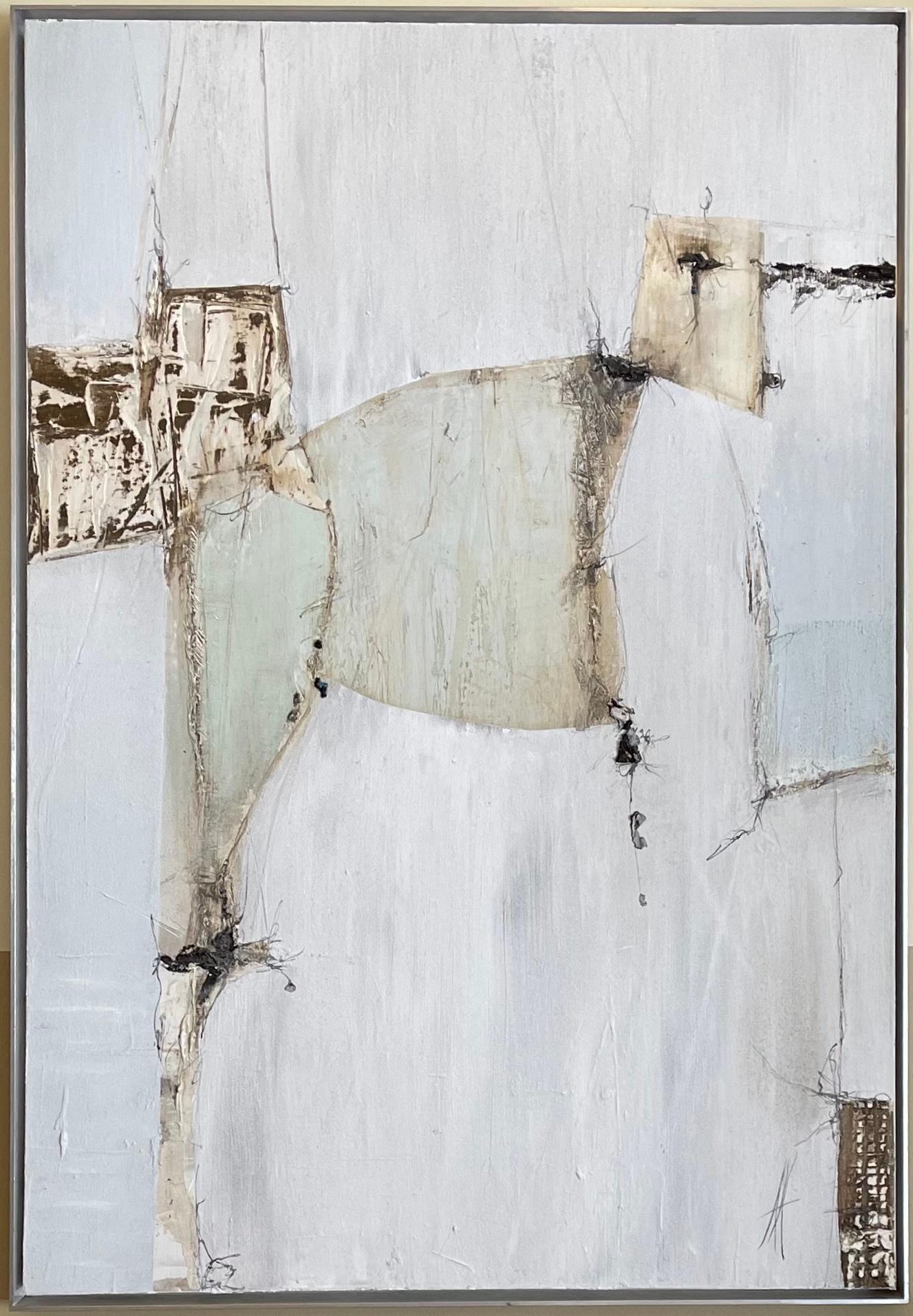 Wir stellen ein wunderschönes Acrylgemälde auf Leinwand der dänischen Künstlerin Anette Holmberg vor. Mit seiner beruhigenden eisblauen und blassgrünen Farbpalette, kombiniert mit verschiedenen abstrakten Formen und Texturen, ruft dieses Stück eine