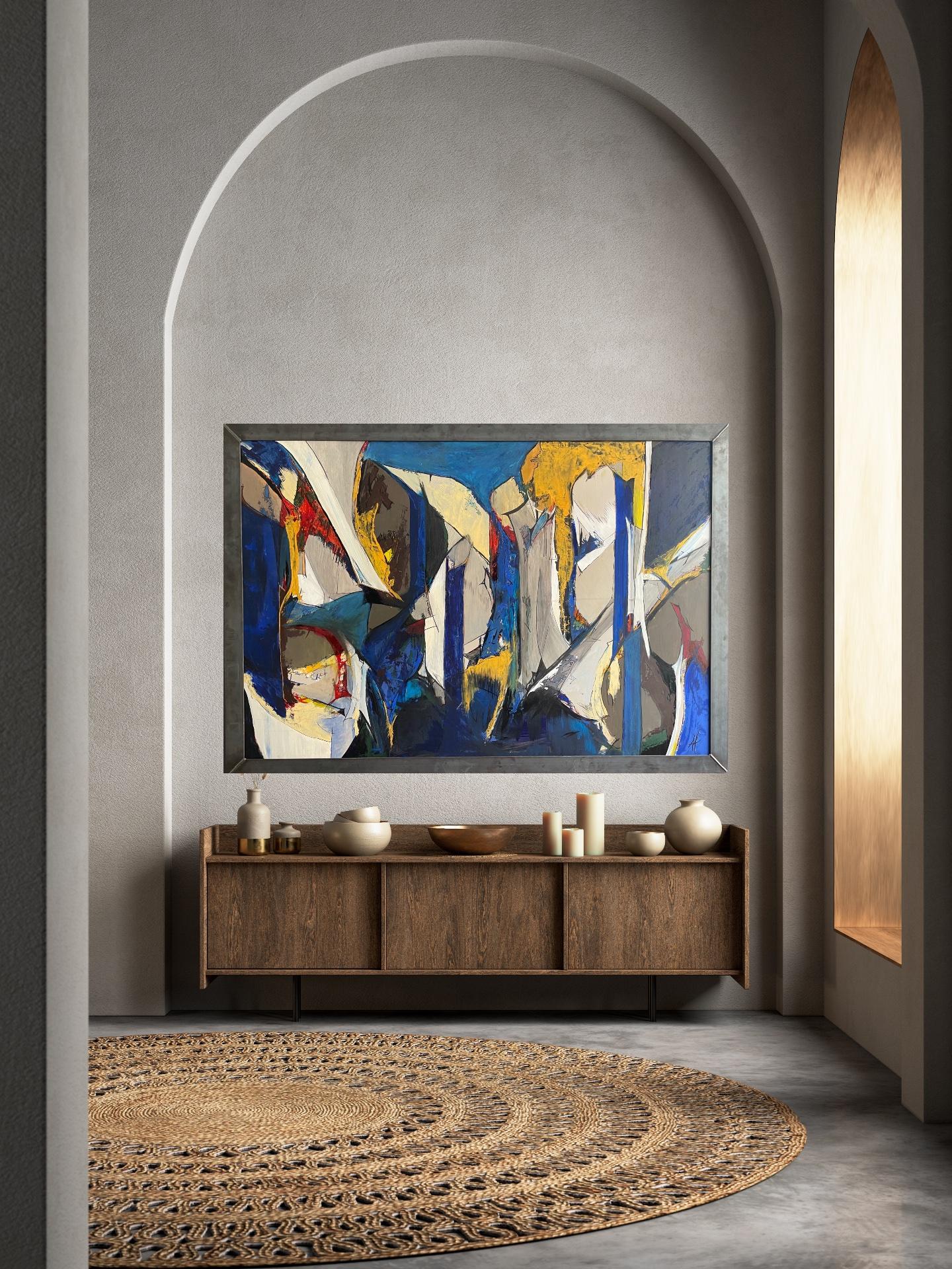 Elevate your space with this vibrant and joyful extra-large abstract composition. Radiating with pulsing energy, the painting boasts a broad color palette ranging from deep blue to red, white, and yellow, making it a stunning addition to any