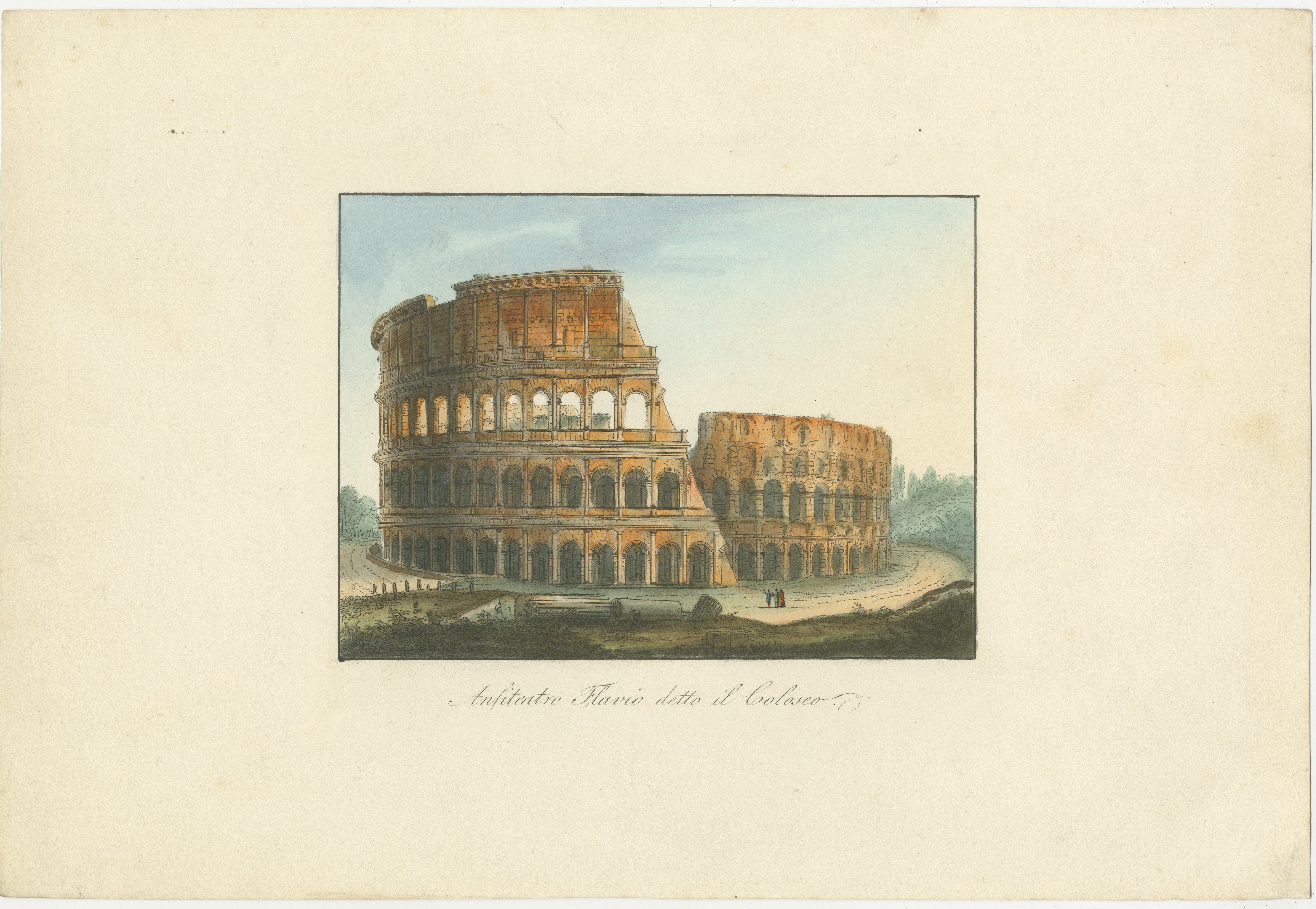 Anfiteatro Flavio detto il Colosseo - Antike handkolorierte Ansicht des Kolosseums (um 1840)

Dieser fein handkolorierte Stich aus dem 19. Jahrhundert zeigt eine klare und stimmungsvolle Ansicht des Kolosseums aus einem Blickwinkel, der sowohl die