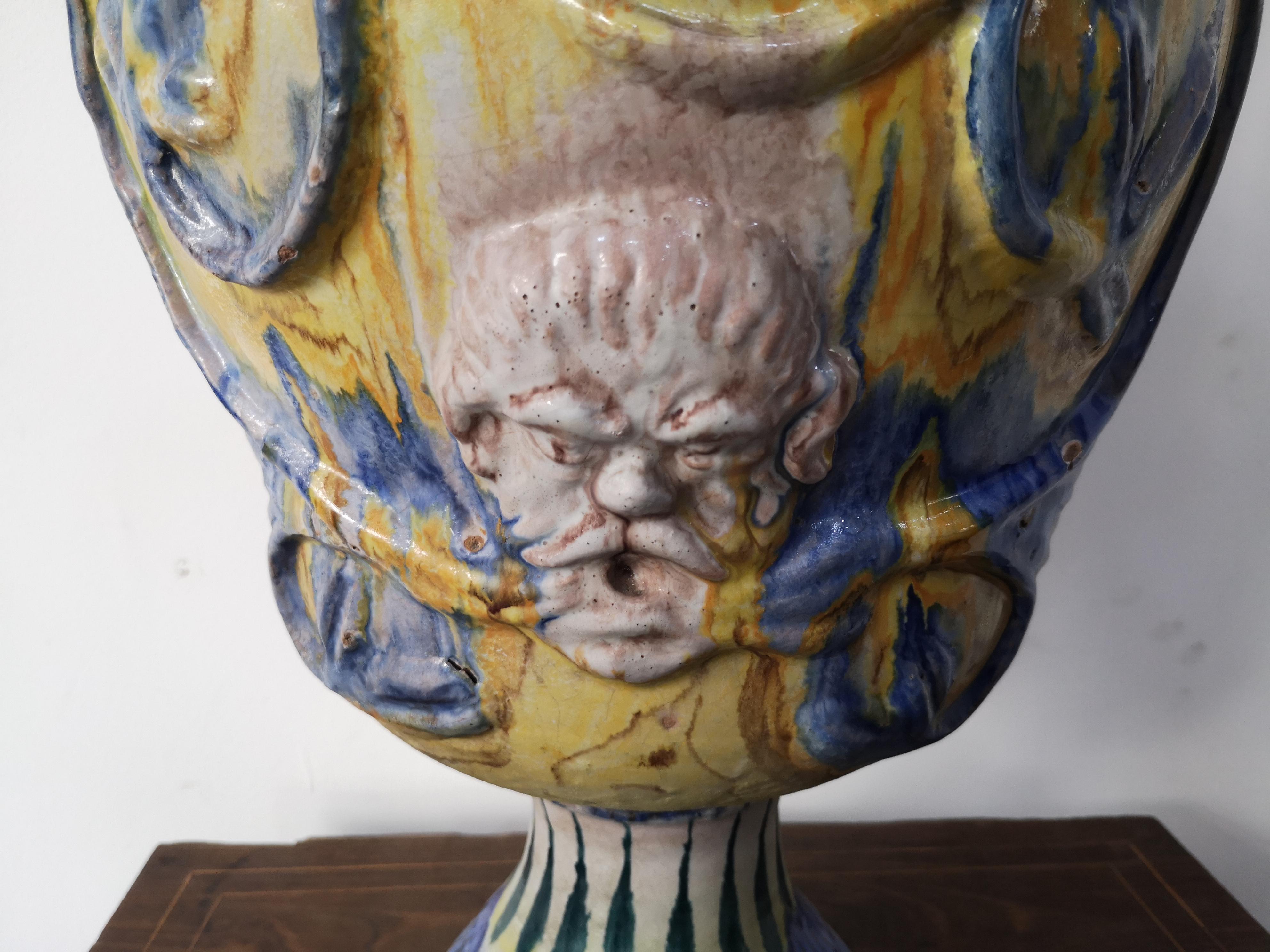 Caltagirone ceramic amphora with satyr mask, mid-19th century.