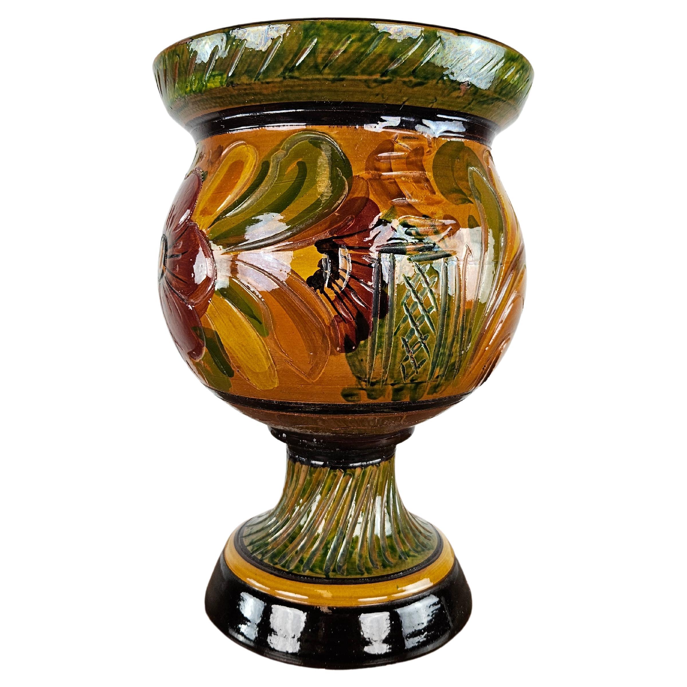 Brown terracotta amphora with 1980s floral decoration
