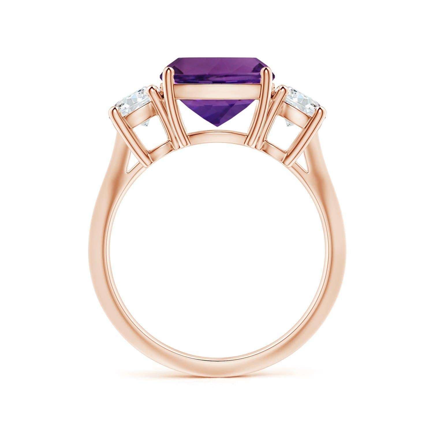 For Sale:  ANGARA 3-Stone GIA Certified Cushion Amethyst Ring in Rose Gold with Diamonds 2