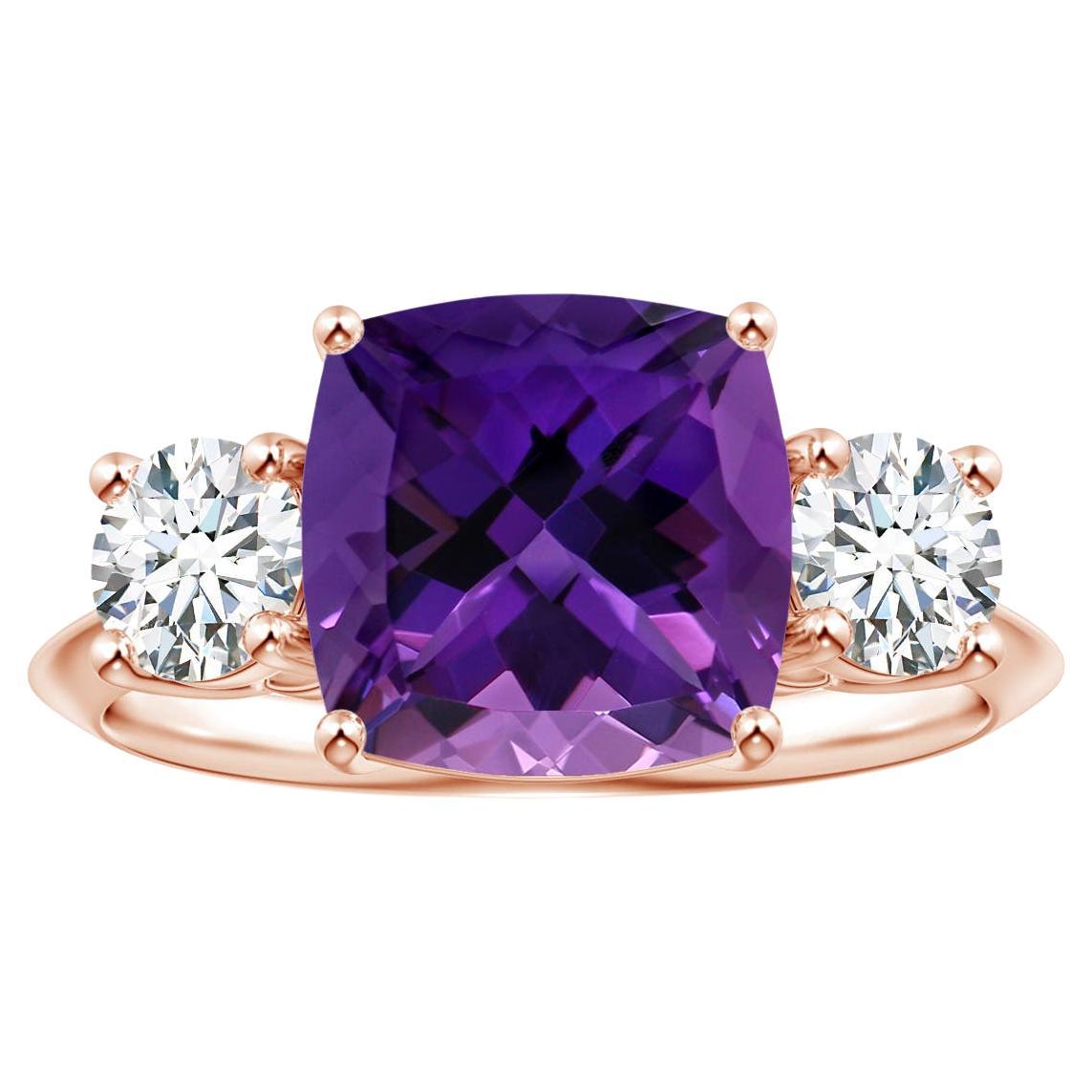 Angara 3-Stone Gia Certified Cushion Amethyst Ring in Rose Gold with Diamonds