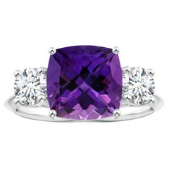 ANGARA 3-Stone GIA Certified Cushion Amethyst Ring in White Gold with Diamonds