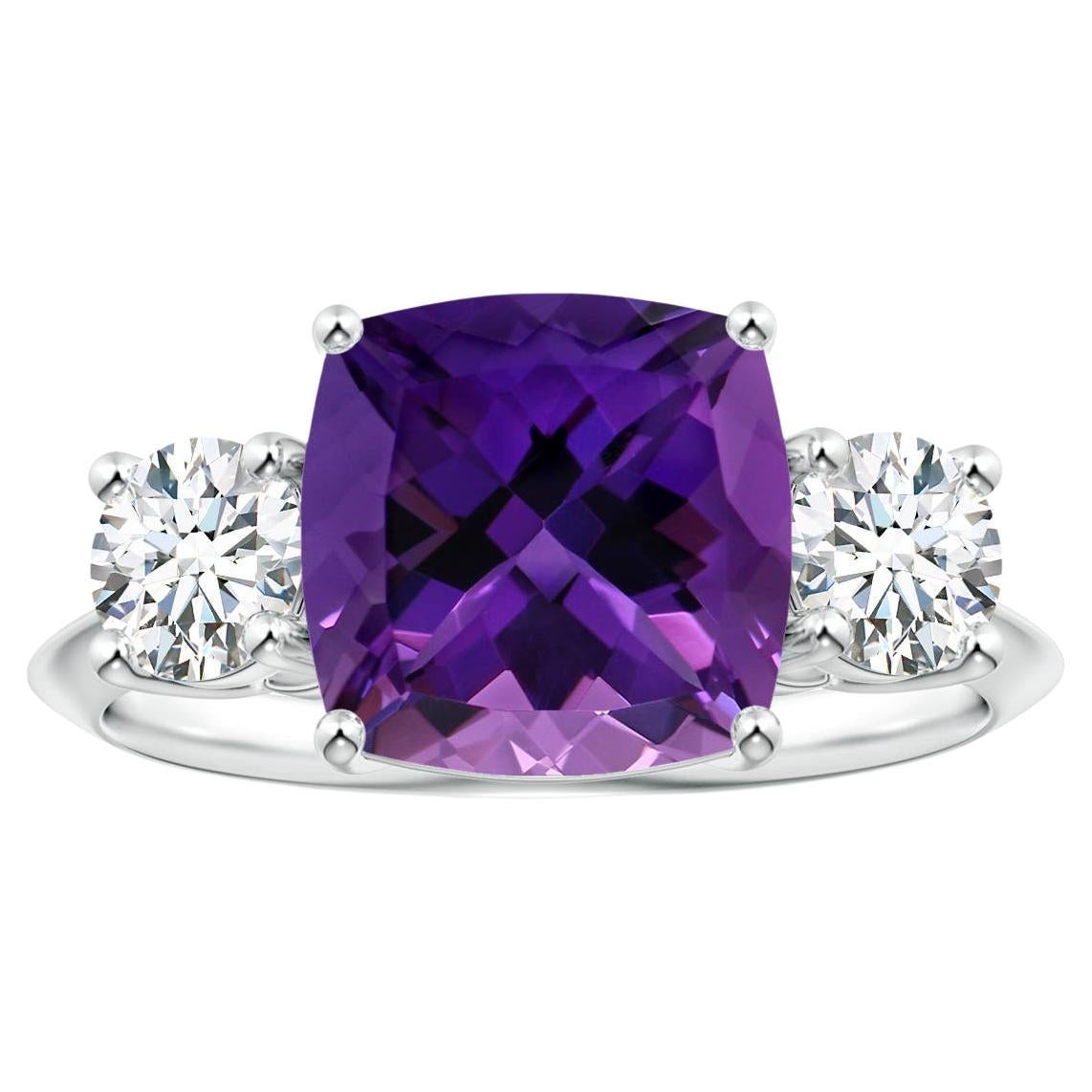 For Sale:  ANGARA 3-Stone GIA Certified Cushion Amethyst Ring in White Gold with Diamonds