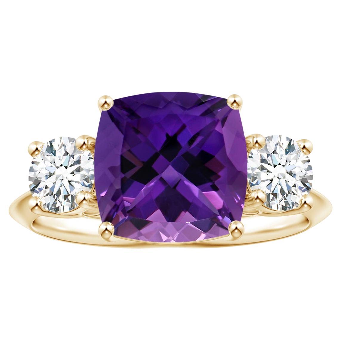 For Sale:  ANGARA 3-Stone GIA Certified Cushion Amethyst Ring in Yellow Gold with Diamonds